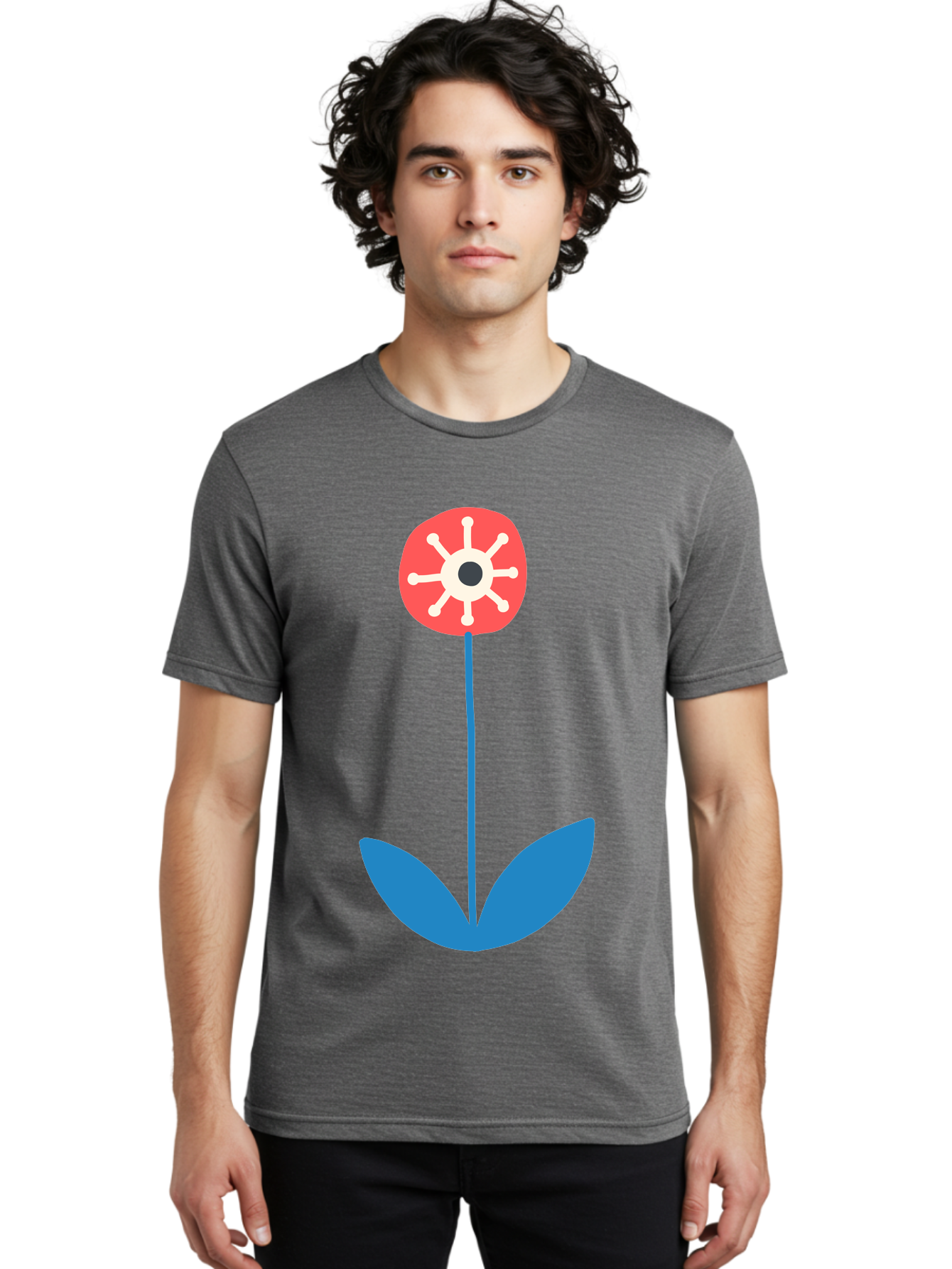 Red-Flower Men'S Graphic Tee, 100% Cotton, Comfortable Casual Summer Wear, Machine Washable, Simple Flower Design, Minimalist Art, Red Flower, Blue Leaves, White Petals, Graphic Illustration, Modern Style, Symbolic Flower, Aab784