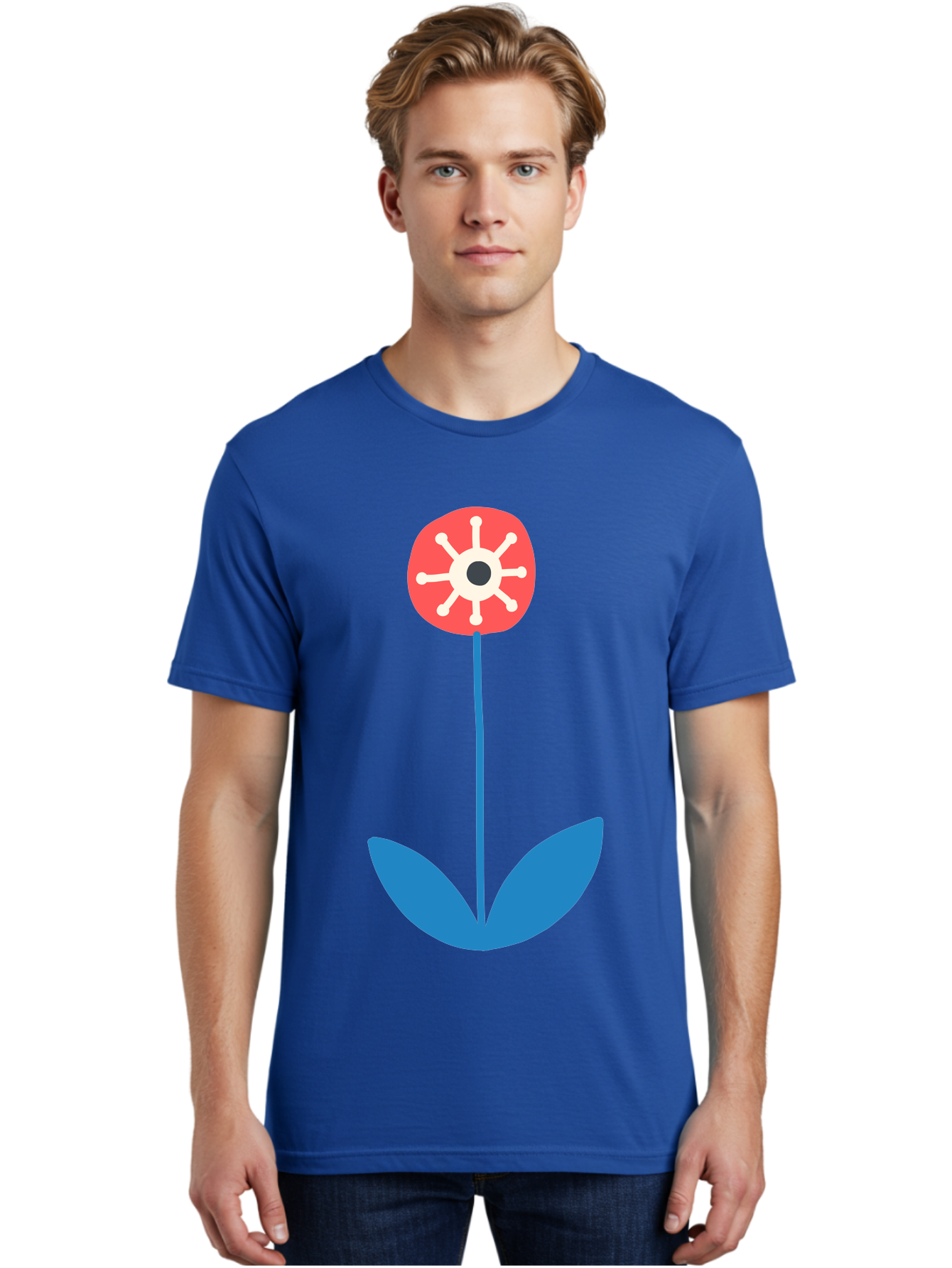 Red-Flower Men'S Graphic Tee, 100% Cotton, Comfortable Casual Summer Wear, Machine Washable, Simple Flower Design, Minimalist Art, Red Flower, Blue Leaves, White Petals, Graphic Illustration, Modern Style, Symbolic Flower, Aab784