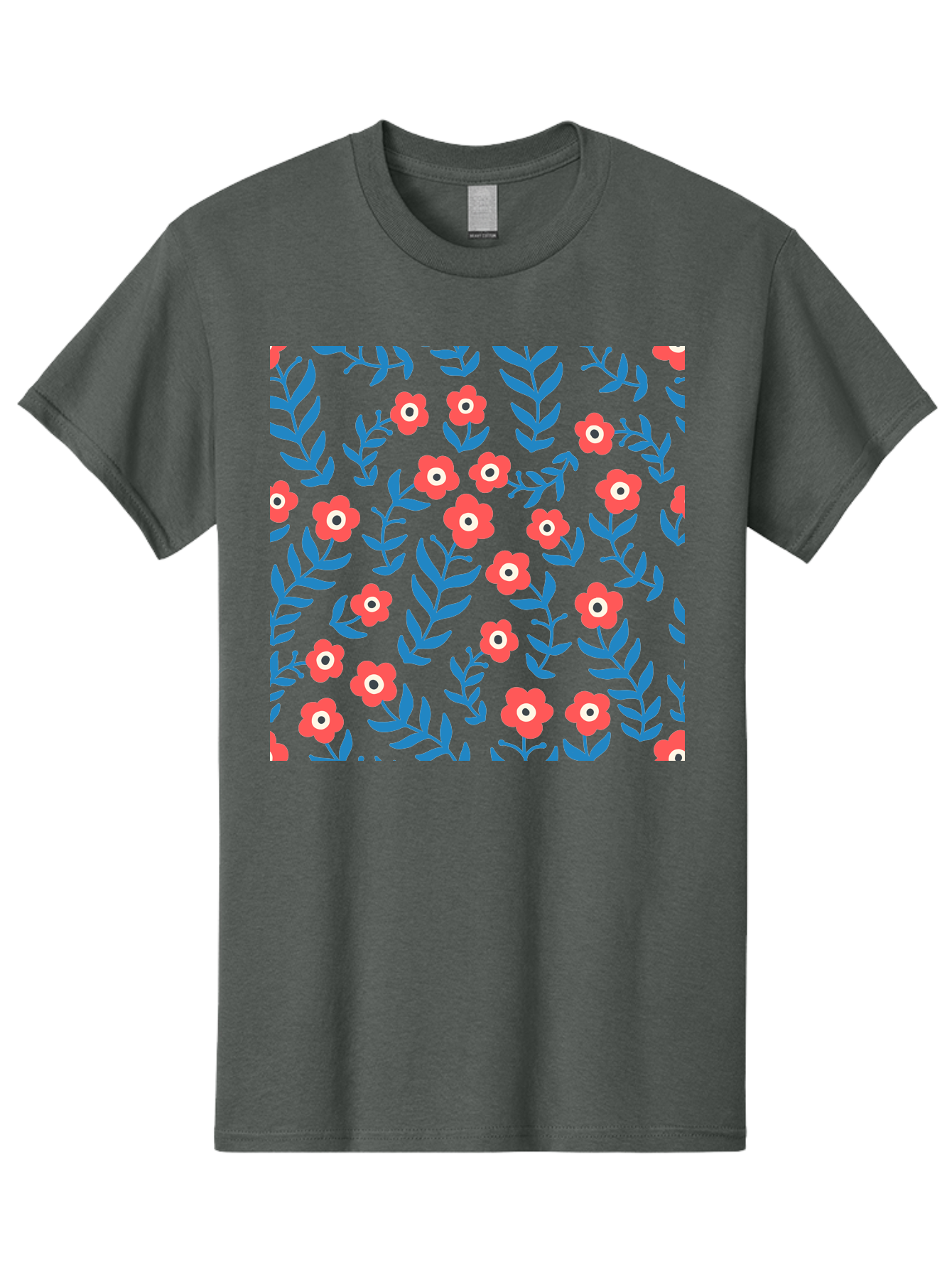 Red-Flowers-With-Blue-Leaves Men'S Graphic Tee, 100% Cotton, Comfortable Casual Summer Wear, Machine Washable, Red Flowers, Blue Leaves, Floral Pattern, Repeating Design, Vibrant Colors, Stylized Blooms, Abstract Flowers, Digital Art Aab785