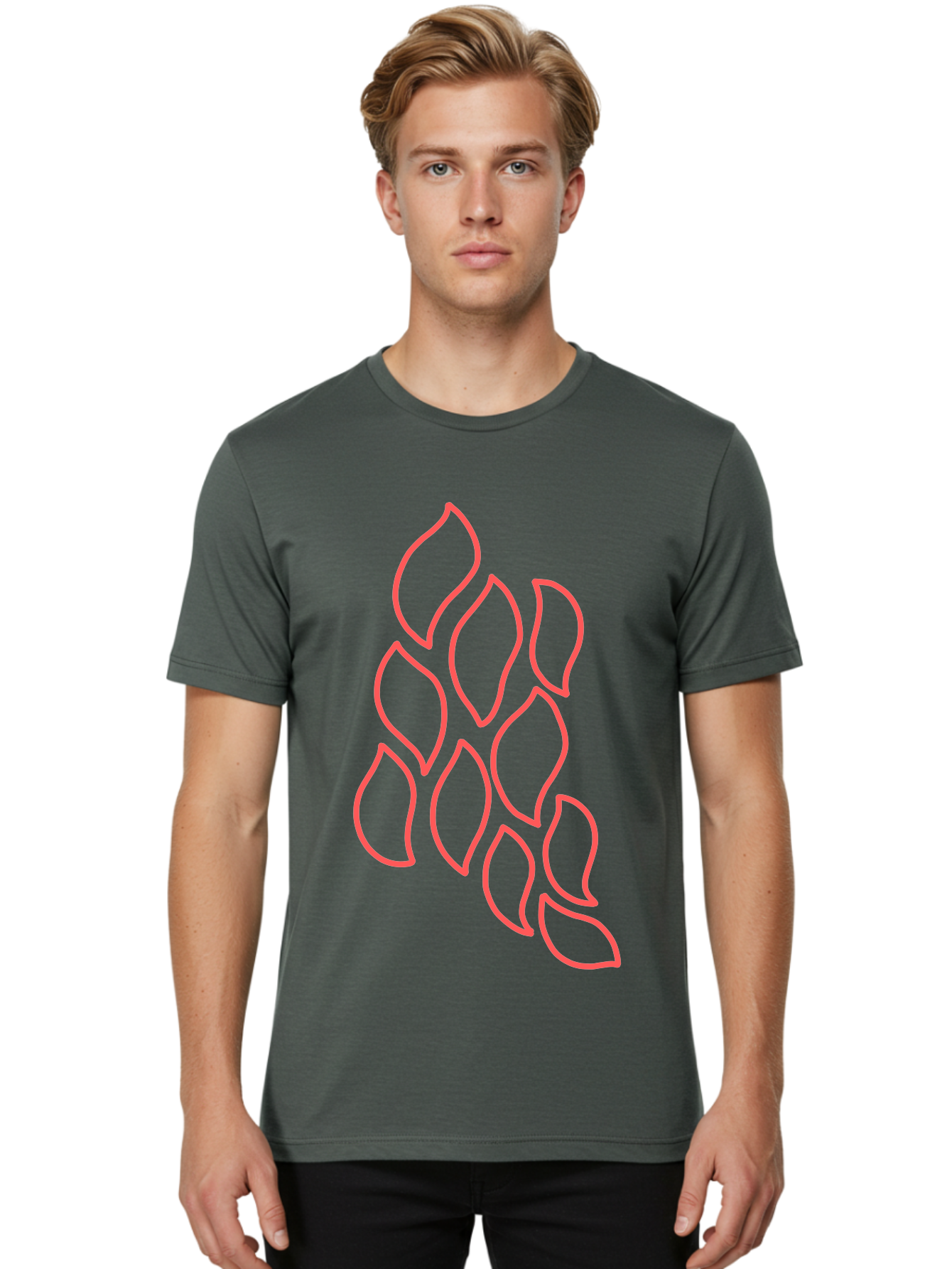 Red-Grapes Men'S Graphic Tee, 100% Cotton, Comfortable Casual Summer Wear, Machine Washable, Pink Leaves, Leafy Branch, Minimalist Design, Simple Shapes, Floral Element, Whimsical Art, Digital Illustration, Modern Graphics Aab787