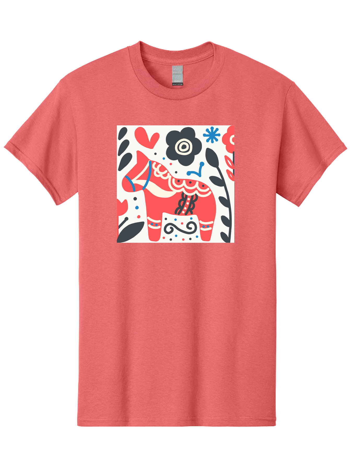 Red-Horse Men'S Graphic Tee, 100% Cotton, Comfortable Casual Summer Wear, Machine Washable, Red Dala Horse, Floral Pattern, Black And Red Flowers, Abstract Design, Folk Art, Swedish Heritage, Decorative Art, Vibrant Colors, Whimsical Design, Aab788