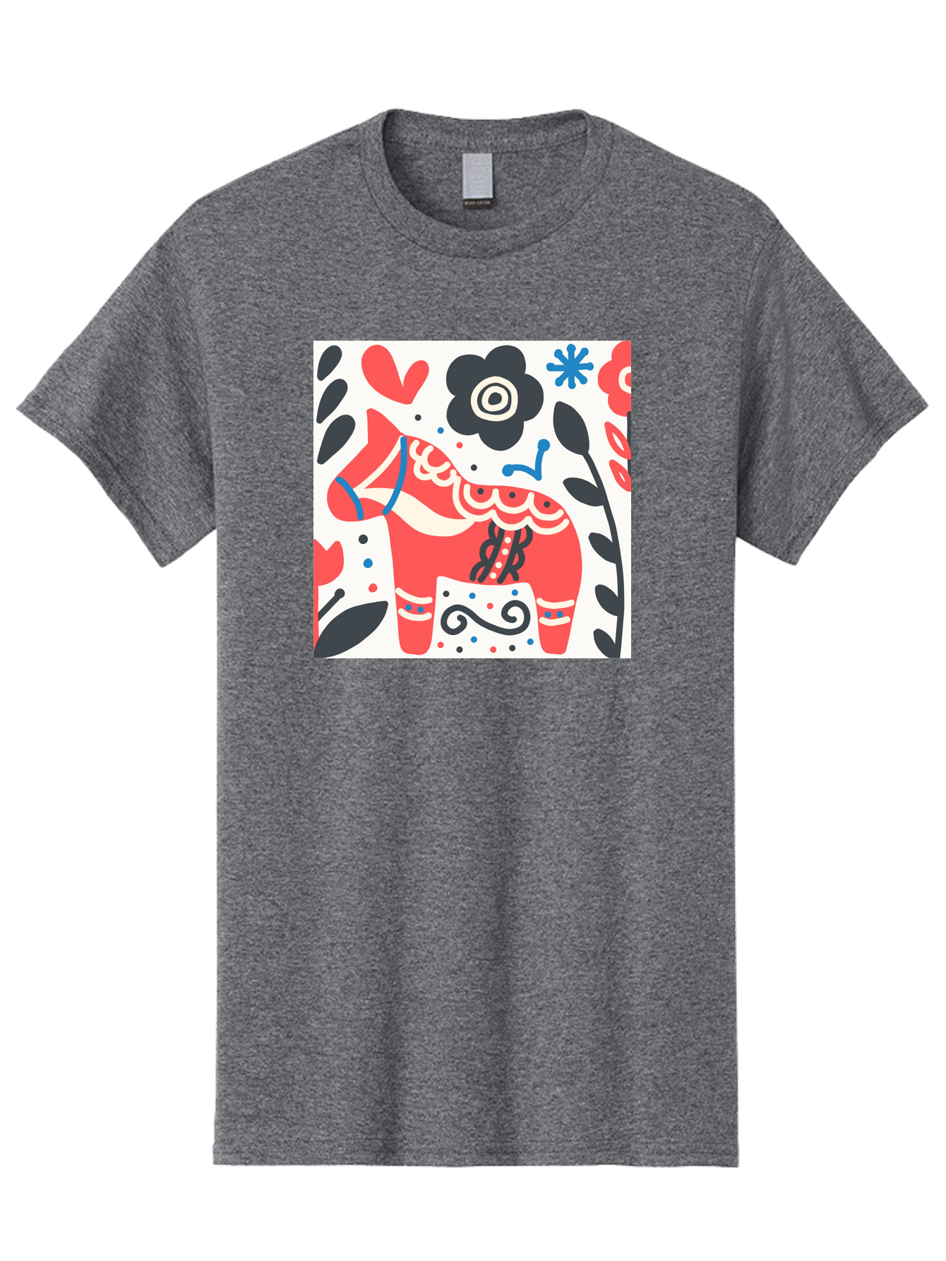 Red-Horse Men'S Graphic Tee, 100% Cotton, Comfortable Casual Summer Wear, Machine Washable, Red Dala Horse, Floral Pattern, Black And Red Flowers, Abstract Design, Folk Art, Swedish Heritage, Decorative Art, Vibrant Colors, Whimsical Design, Aab788