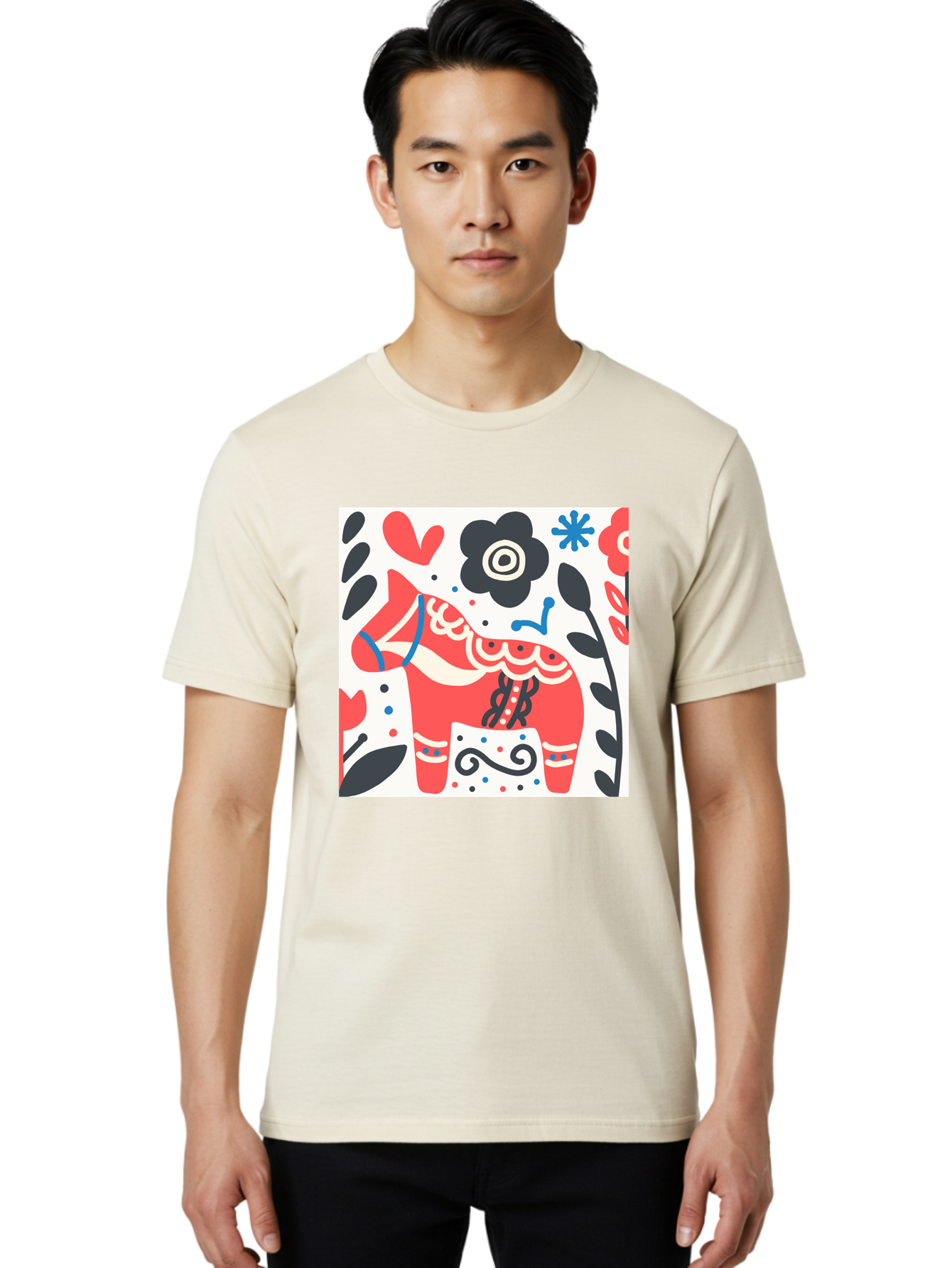 Red-Horse Men'S Graphic Tee, 100% Cotton, Comfortable Casual Summer Wear, Machine Washable, Red Dala Horse, Floral Pattern, Black And Red Flowers, Abstract Design, Folk Art, Swedish Heritage, Decorative Art, Vibrant Colors, Whimsical Design, Aab788