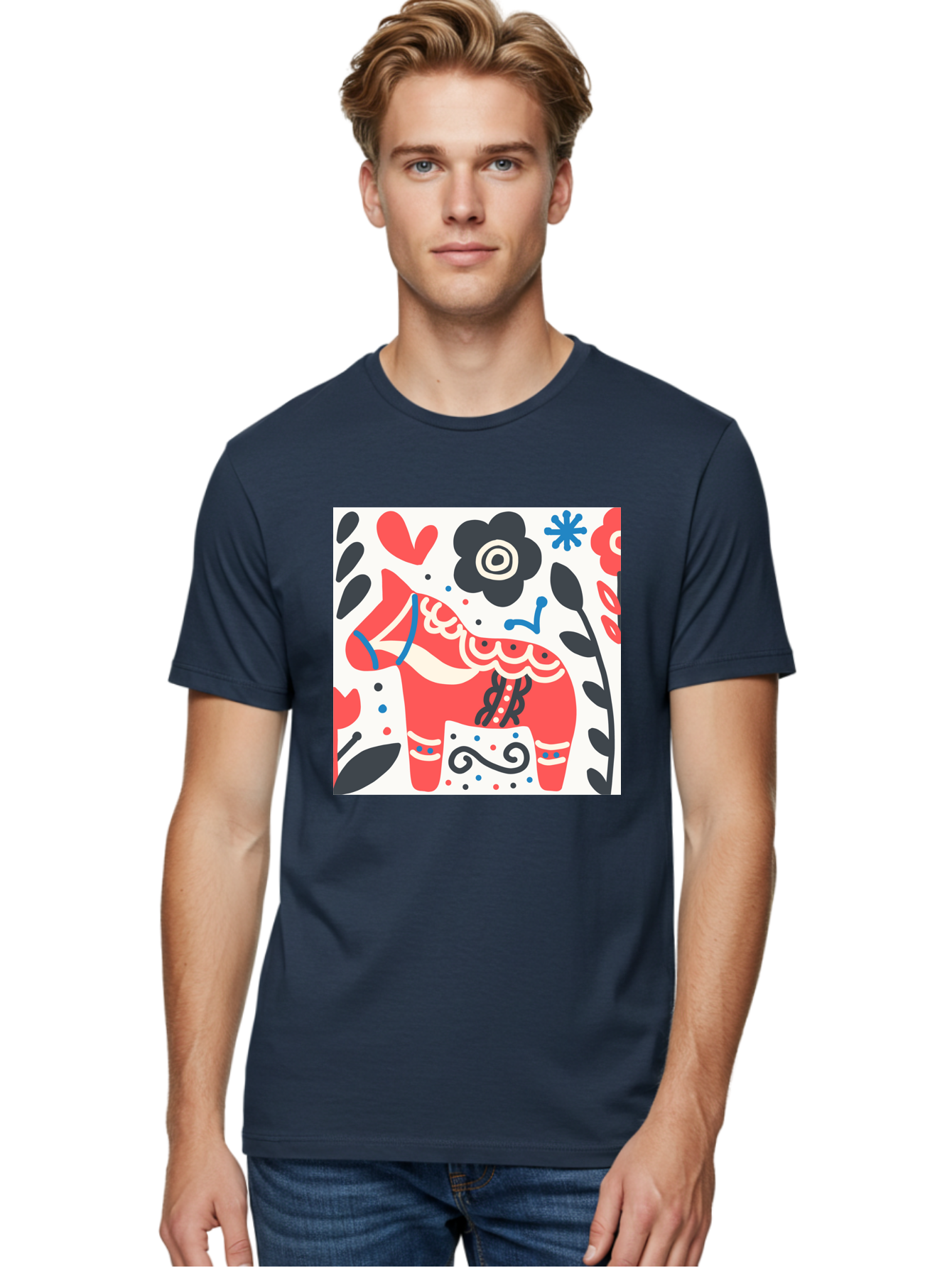 Red-Horse Men'S Graphic Tee, 100% Cotton, Comfortable Casual Summer Wear, Machine Washable, Red Dala Horse, Floral Pattern, Black And Red Flowers, Abstract Design, Folk Art, Swedish Heritage, Decorative Art, Vibrant Colors, Whimsical Design, Aab788