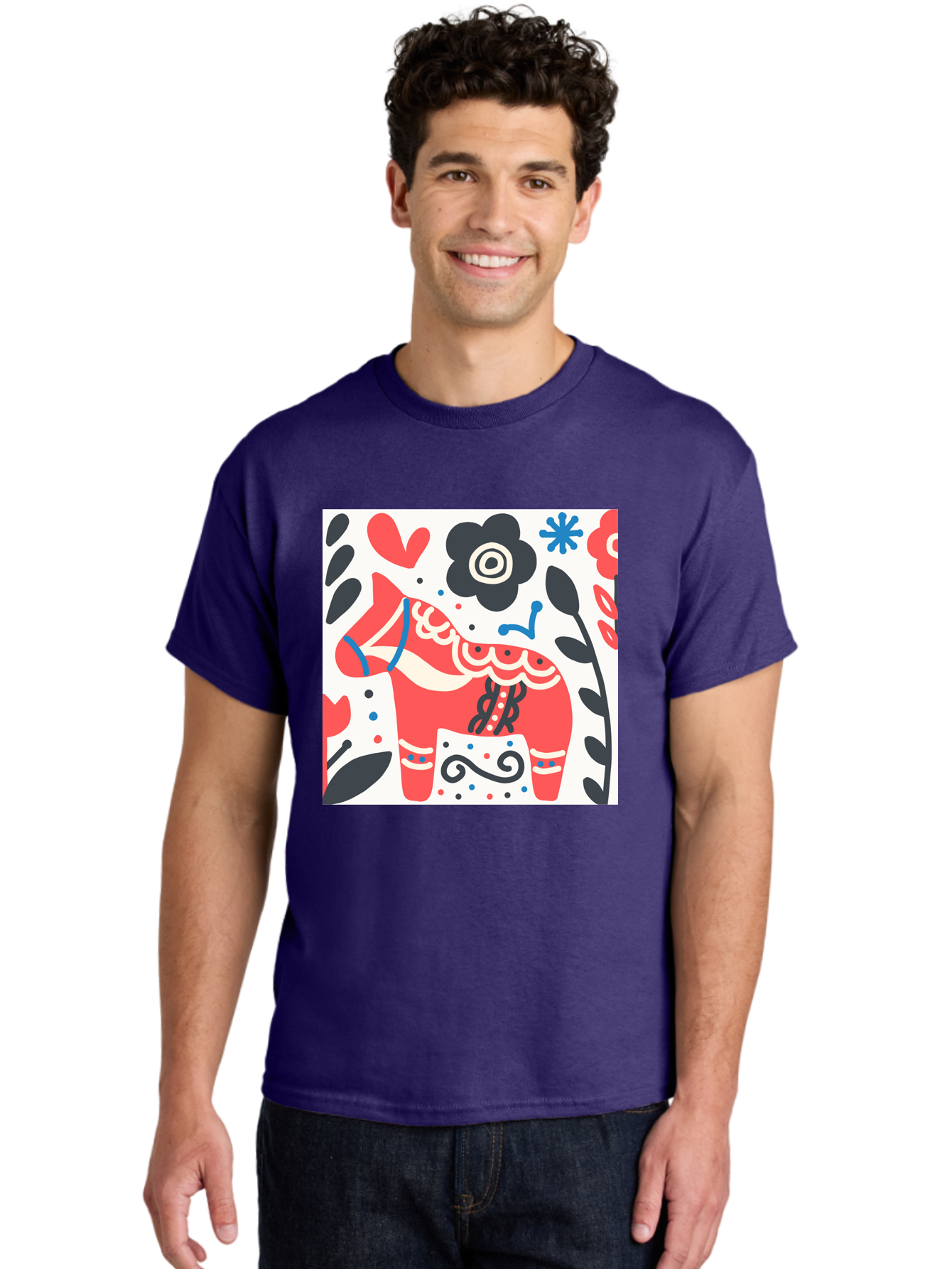 Red-Horse Men'S Graphic Tee, 100% Cotton, Comfortable Casual Summer Wear, Machine Washable, Red Dala Horse, Floral Pattern, Black And Red Flowers, Abstract Design, Folk Art, Swedish Heritage, Decorative Art, Vibrant Colors, Whimsical Design, Aab788