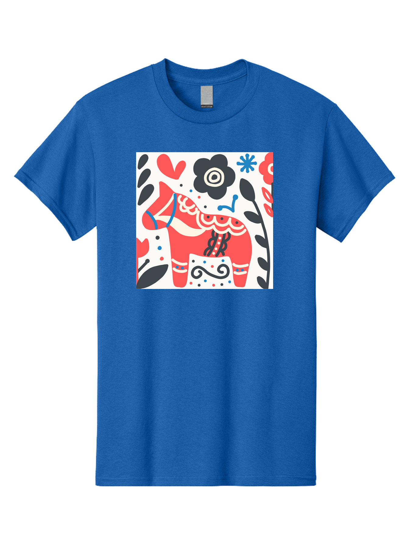 Red-Horse Men'S Graphic Tee, 100% Cotton, Comfortable Casual Summer Wear, Machine Washable, Red Dala Horse, Floral Pattern, Black And Red Flowers, Abstract Design, Folk Art, Swedish Heritage, Decorative Art, Vibrant Colors, Whimsical Design, Aab788