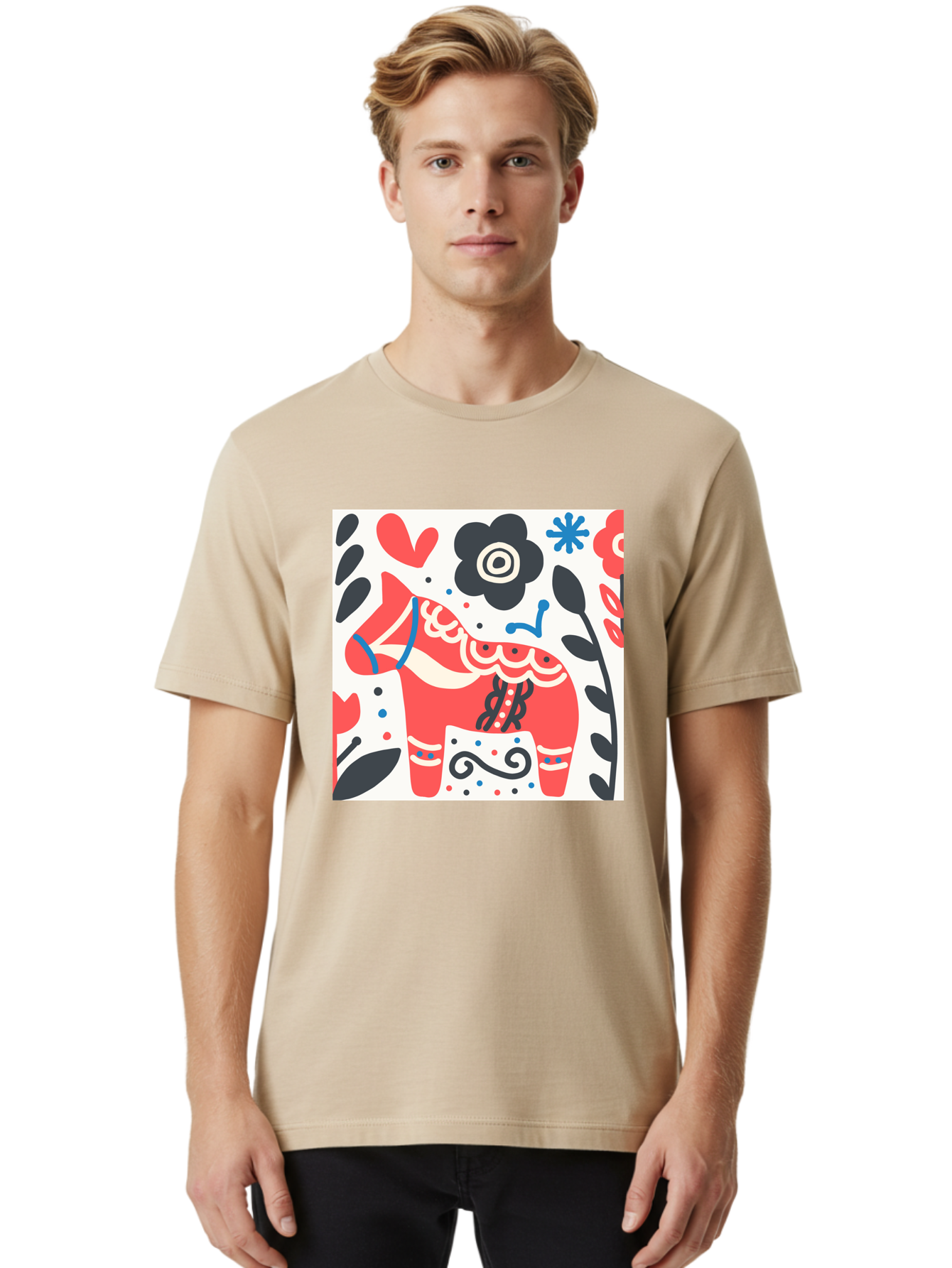 Red-Horse Men'S Graphic Tee, 100% Cotton, Comfortable Casual Summer Wear, Machine Washable, Red Dala Horse, Floral Pattern, Black And Red Flowers, Abstract Design, Folk Art, Swedish Heritage, Decorative Art, Vibrant Colors, Whimsical Design, Aab788