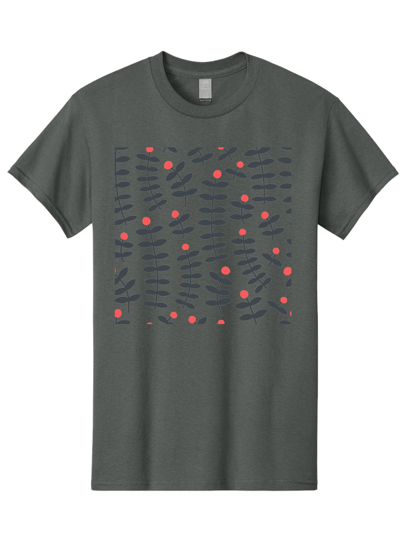 Repeating-Floral-Pattern Men'S Graphic Tee, 100% Cotton, Comfortable Casual Summer Wear, Machine Washable, Repeating Leaf Pattern, Black Leaves, Red Flowers, Floral Design, Seamless Texture, Graphic Illustration, Botanical Motif Aab789