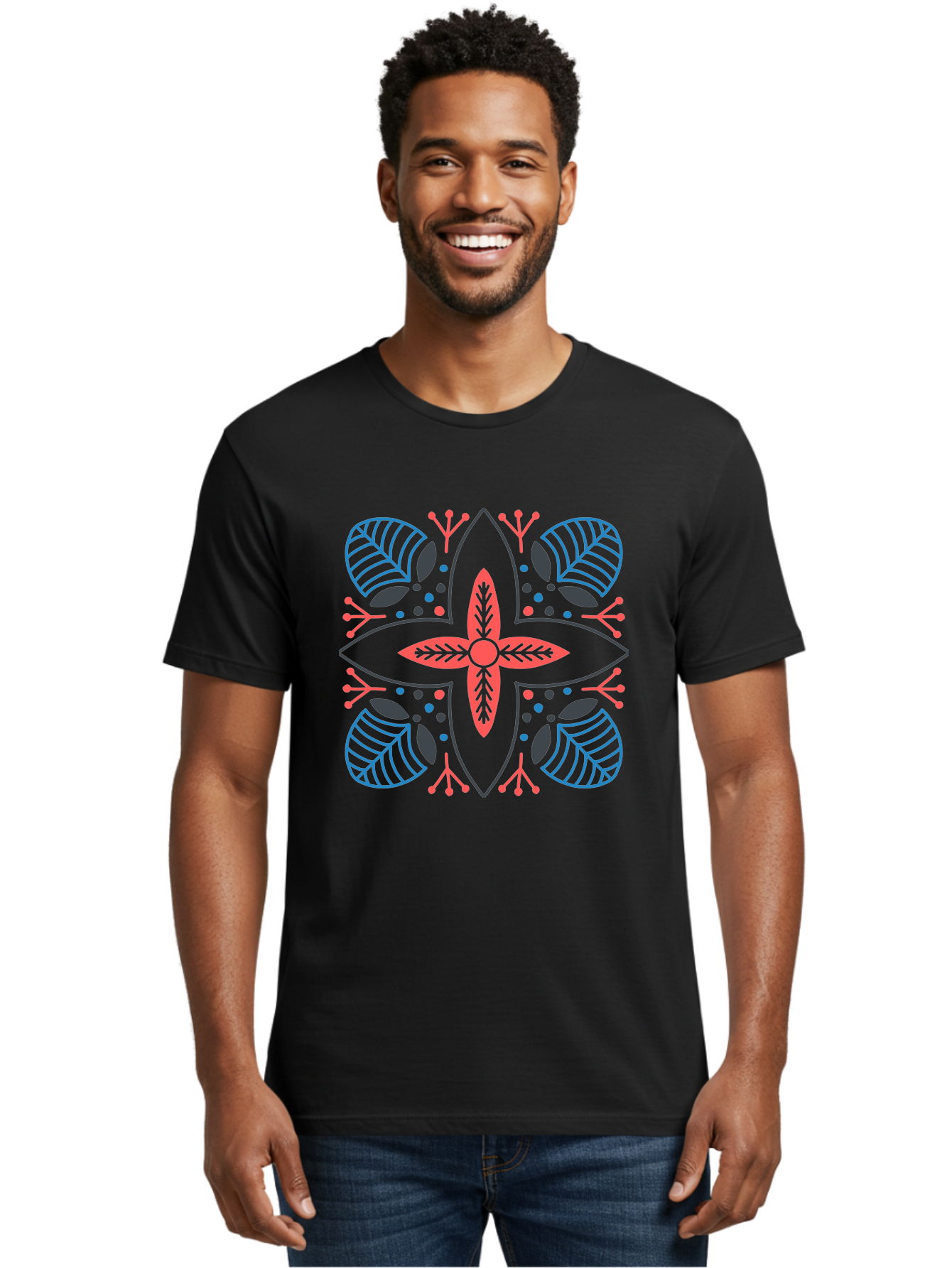 Rosette-Pattern Men'S Graphic Tee, 100% Cotton, Comfortable Casual Summer Wear, Machine Washable, Symmetrical Floral Design, Red And Blue Petals, White Background, Black Outlines, Leaf Patterns, Colorful Dots, Abstract Art, Decorative Motif, Aab790