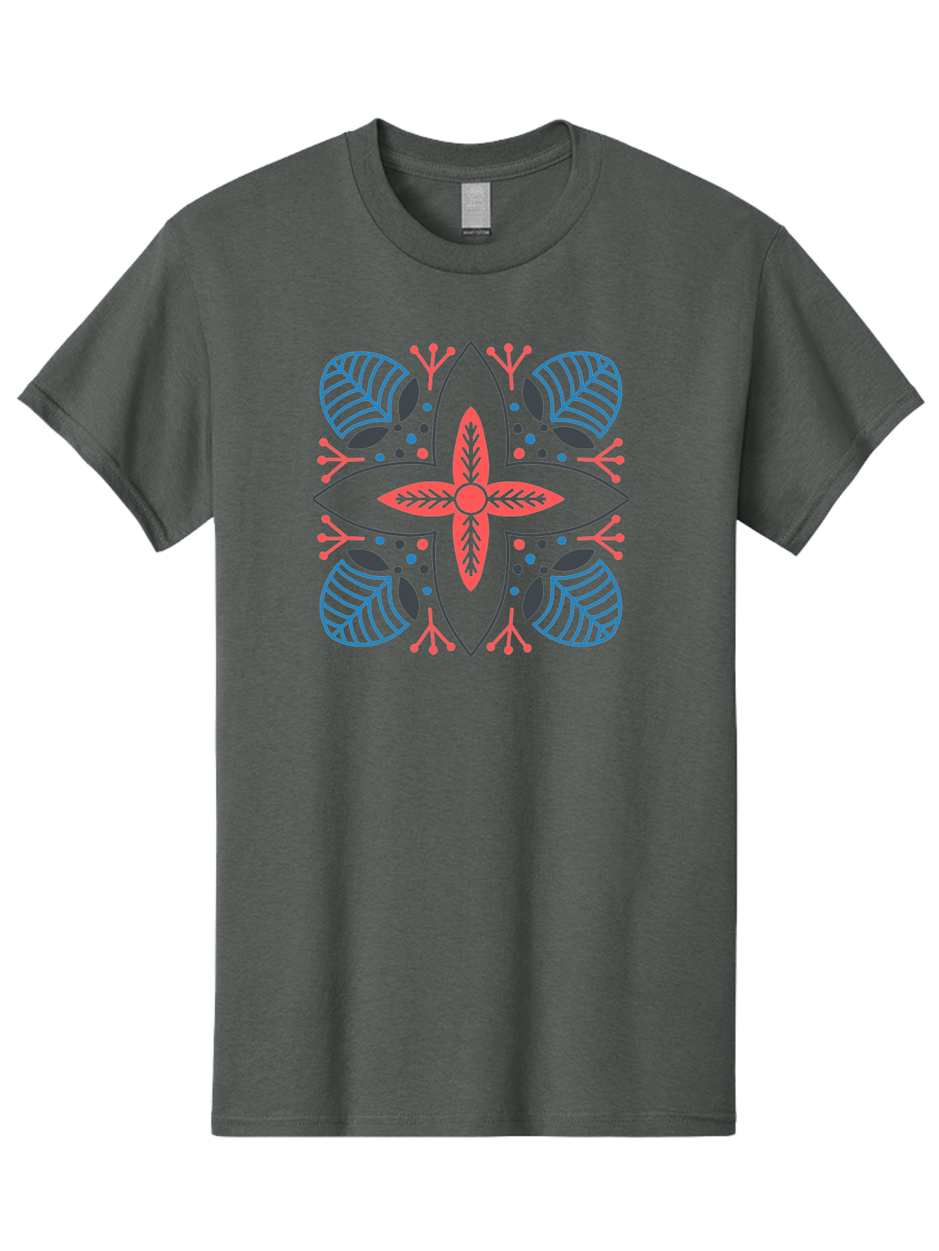 Rosette-Pattern Men'S Graphic Tee, 100% Cotton, Comfortable Casual Summer Wear, Machine Washable, Symmetrical Floral Design, Red And Blue Petals, White Background, Black Outlines, Leaf Patterns, Colorful Dots, Abstract Art, Decorative Motif, Aab790