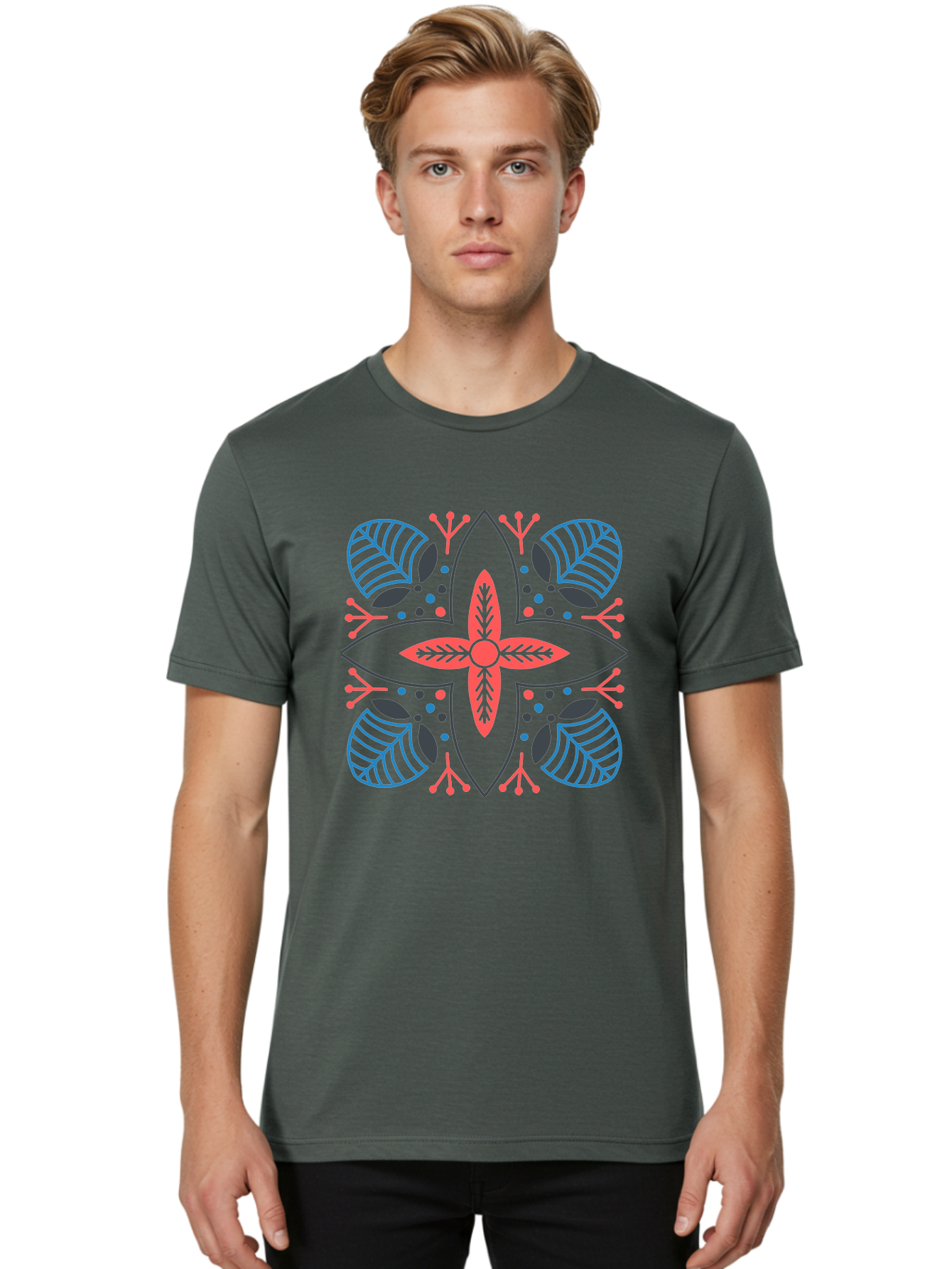 Rosette-Pattern Men'S Graphic Tee, 100% Cotton, Comfortable Casual Summer Wear, Machine Washable, Symmetrical Floral Design, Red And Blue Petals, White Background, Black Outlines, Leaf Patterns, Colorful Dots, Abstract Art, Decorative Motif, Aab790