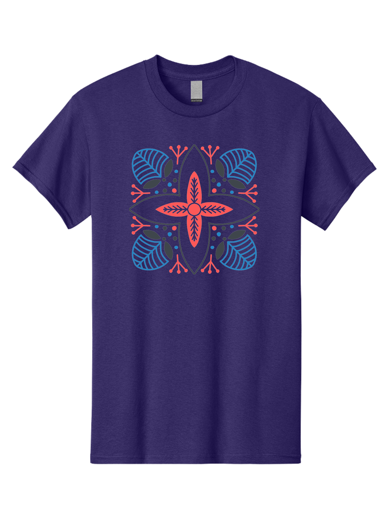 Rosette-Pattern Men'S Graphic Tee, 100% Cotton, Comfortable Casual Summer Wear, Machine Washable, Symmetrical Floral Design, Red And Blue Petals, White Background, Black Outlines, Leaf Patterns, Colorful Dots, Abstract Art, Decorative Motif, Aab790