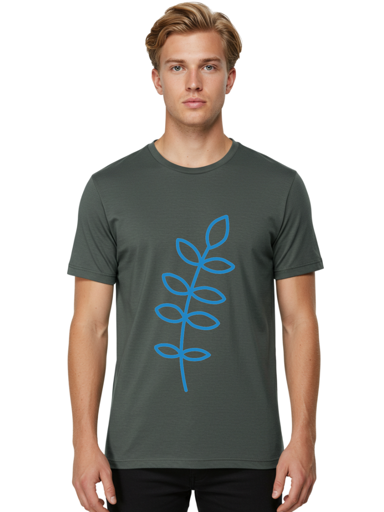 Stem-With-Leaves Men'S Graphic Tee, 100% Cotton, Comfortable Casual Summer Wear, Machine Washable, Simple Drawing, Blue Stem, Leaves, Minimalist Design, Stylized Plant, Childlike Illustration, Simple Shapes, Botanical Elements, Aab793