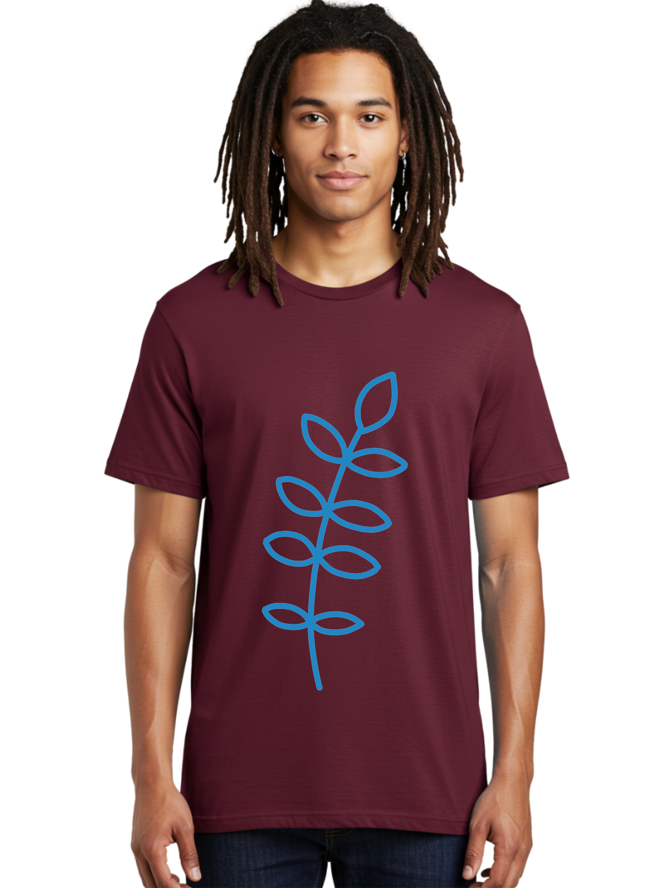 Stem-With-Leaves Men'S Graphic Tee, 100% Cotton, Comfortable Casual Summer Wear, Machine Washable, Simple Drawing, Blue Stem, Leaves, Minimalist Design, Stylized Plant, Childlike Illustration, Simple Shapes, Botanical Elements, Aab793
