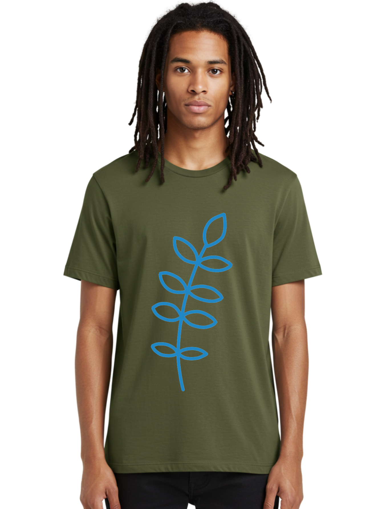 Stem-With-Leaves Men'S Graphic Tee, 100% Cotton, Comfortable Casual Summer Wear, Machine Washable, Simple Drawing, Blue Stem, Leaves, Minimalist Design, Stylized Plant, Childlike Illustration, Simple Shapes, Botanical Elements, Aab793