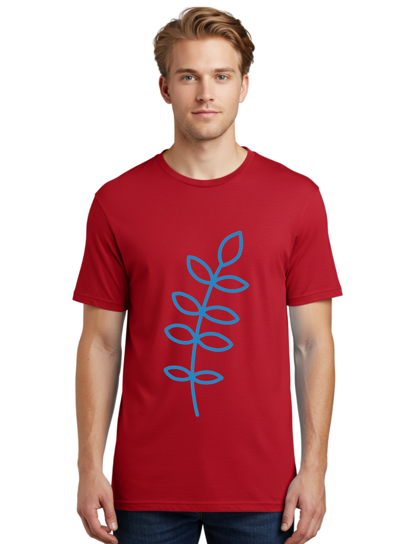 Stem-With-Leaves Men'S Graphic Tee, 100% Cotton, Comfortable Casual Summer Wear, Machine Washable, Simple Drawing, Blue Stem, Leaves, Minimalist Design, Stylized Plant, Childlike Illustration, Simple Shapes, Botanical Elements, Aab793
