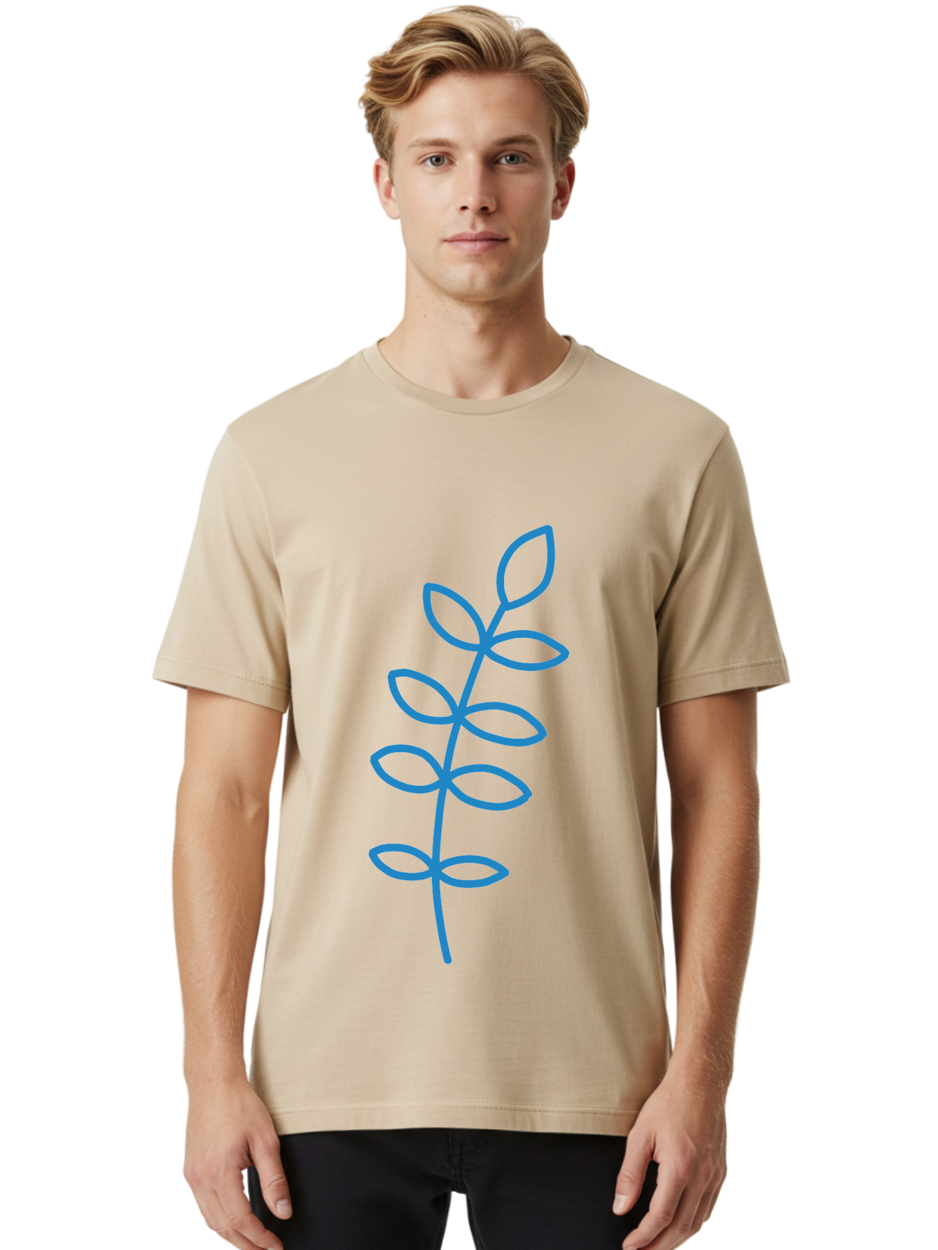 Stem-With-Leaves Men'S Graphic Tee, 100% Cotton, Comfortable Casual Summer Wear, Machine Washable, Simple Drawing, Blue Stem, Leaves, Minimalist Design, Stylized Plant, Childlike Illustration, Simple Shapes, Botanical Elements, Aab793