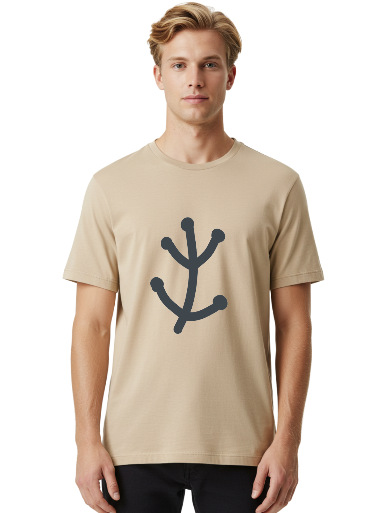 Stylized-Branch Men'S Graphic Tee, 100% Cotton, Comfortable Casual Summer Wear, Machine Washable, Stylized Trident Symbol, Dark Gray Icon, Minimalist Design, Abstract Shape, Futuristic Logo, Simple Graphics, Monochrome Icon, Symbolic Imagery, Aab794