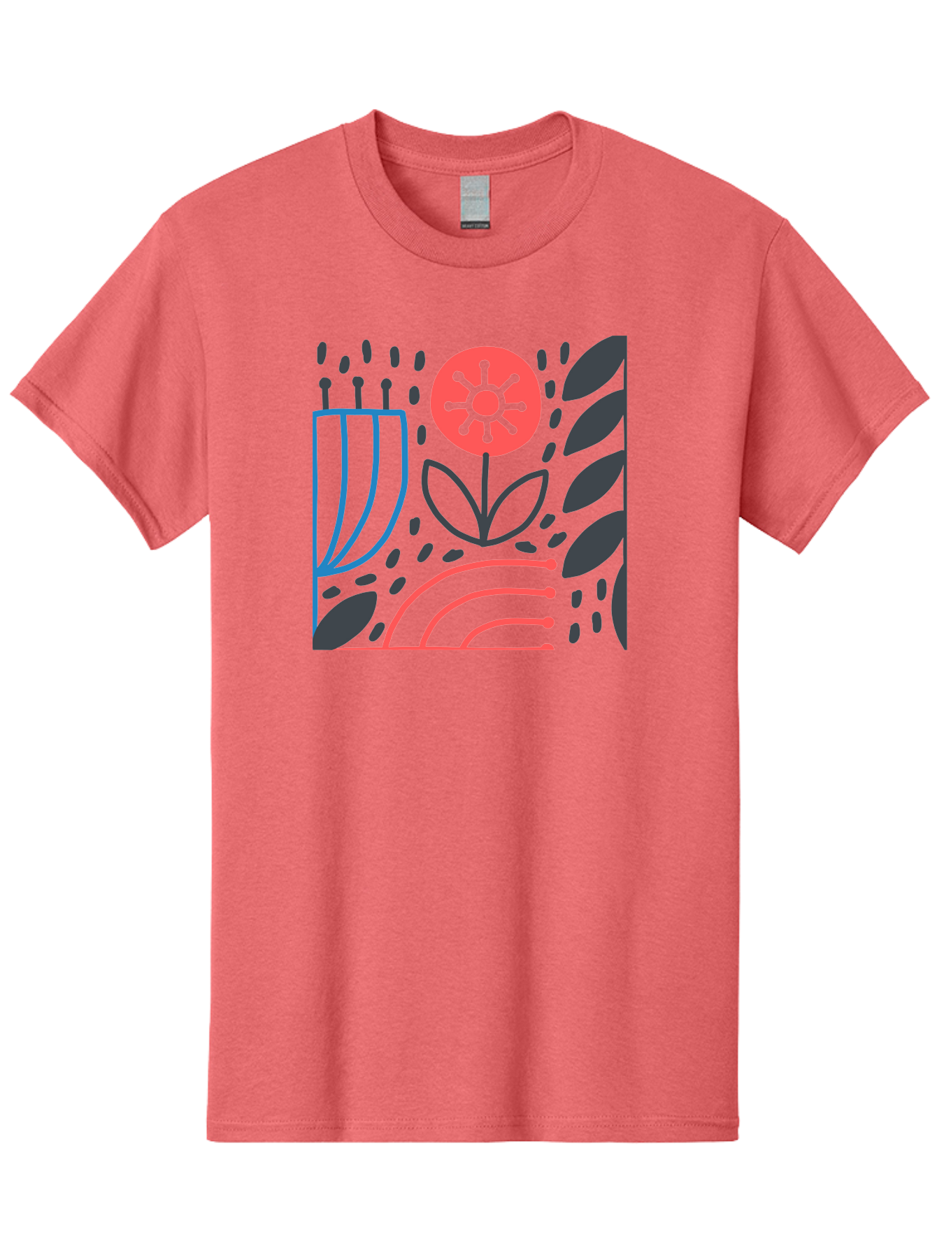 Stylized-Flower-And-Leaves Men'S Graphic Tee, 100% Cotton, Comfortable Casual Summer Wear, Machine Washable, Menorah With Candles, Flower Blooming, Abstract Shapes, Red And Blue Lines, Black Leaves, White Background, Symbolic Artwork, Judaism, Aab795
