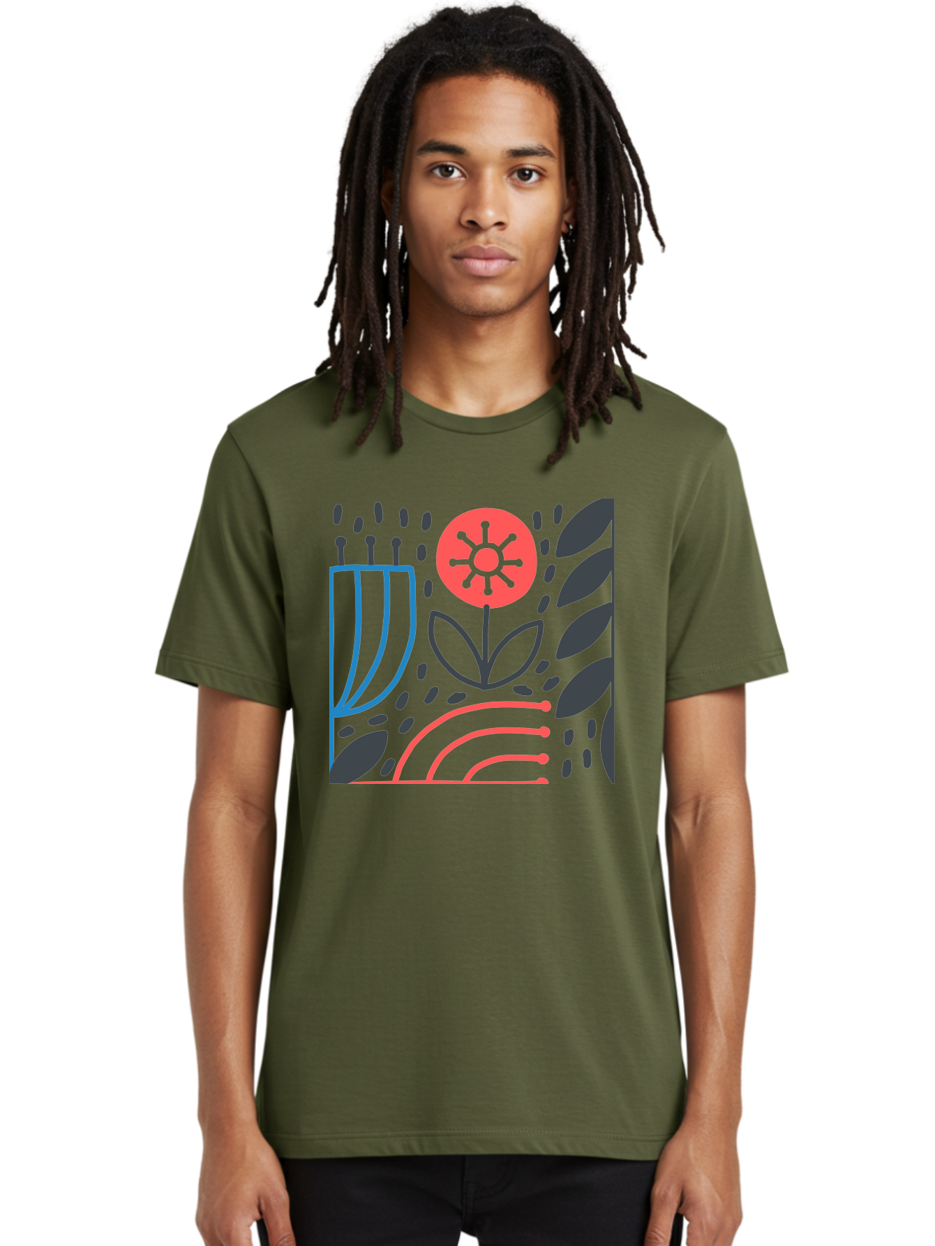 Stylized-Flower-And-Leaves Men'S Graphic Tee, 100% Cotton, Comfortable Casual Summer Wear, Machine Washable, Menorah With Candles, Flower Blooming, Abstract Shapes, Red And Blue Lines, Black Leaves, White Background, Symbolic Artwork, Judaism, Aab795