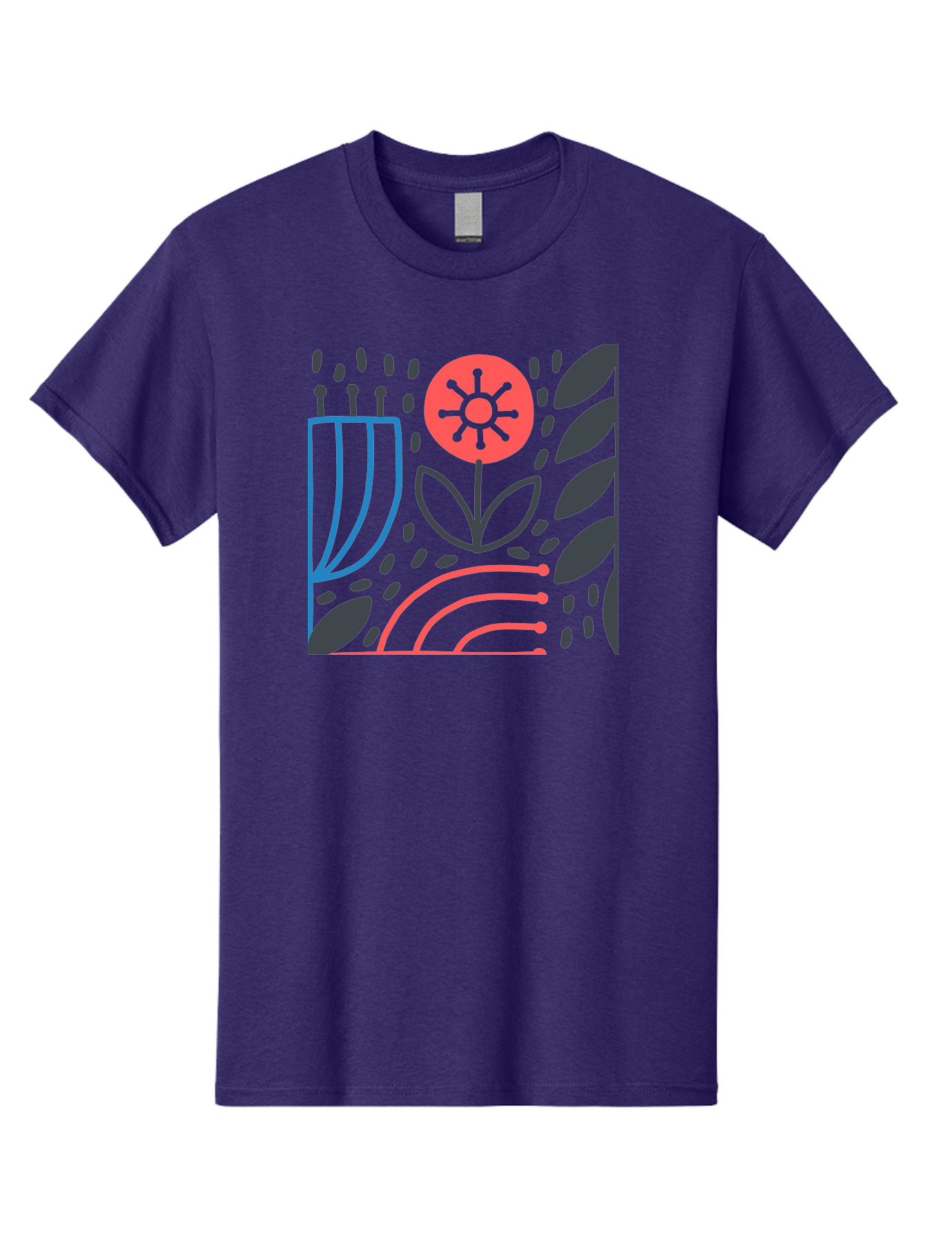 Stylized-Flower-And-Leaves Men'S Graphic Tee, 100% Cotton, Comfortable Casual Summer Wear, Machine Washable, Menorah With Candles, Flower Blooming, Abstract Shapes, Red And Blue Lines, Black Leaves, White Background, Symbolic Artwork, Judaism, Aab795