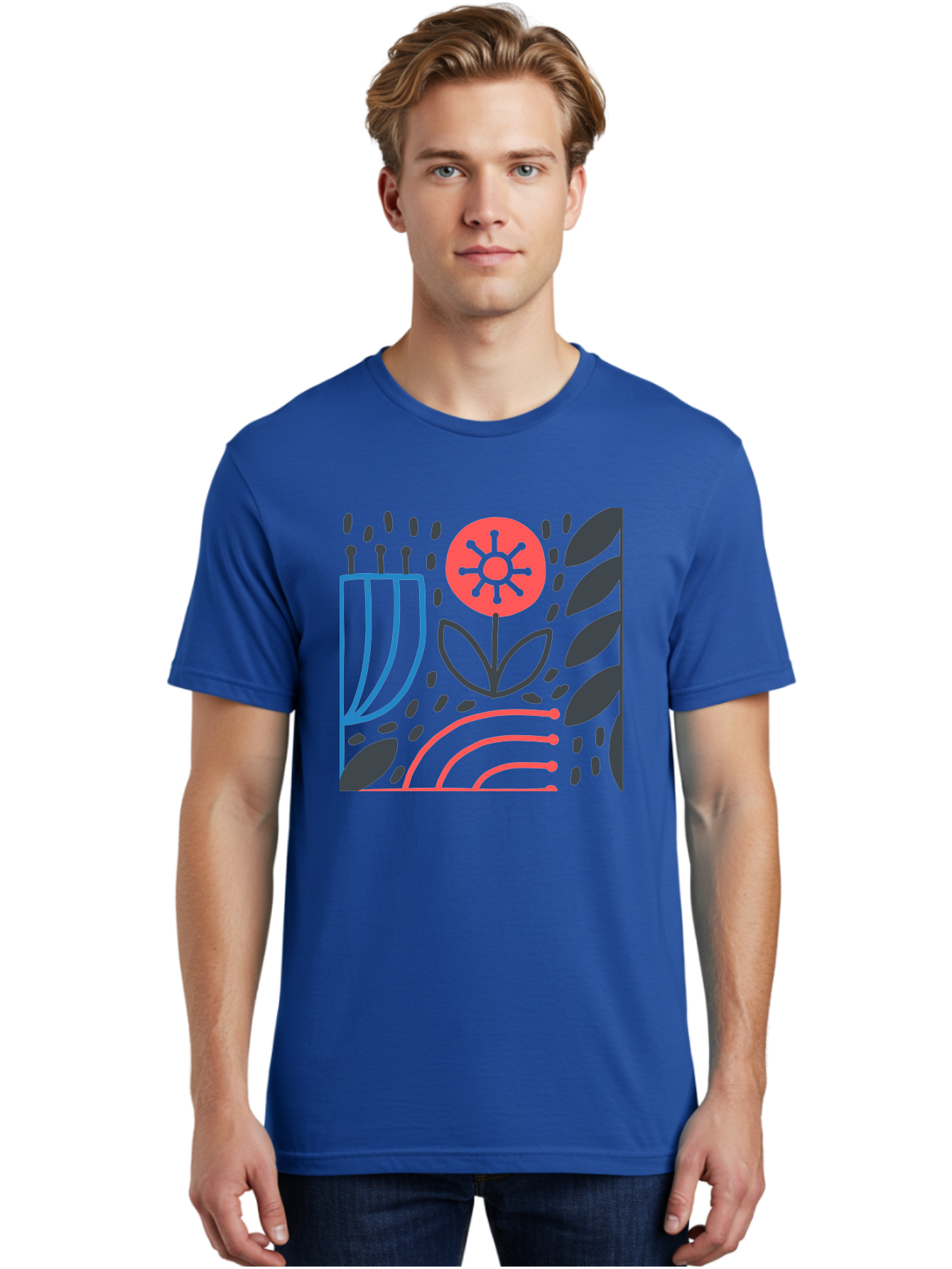 Stylized-Flower-And-Leaves Men'S Graphic Tee, 100% Cotton, Comfortable Casual Summer Wear, Machine Washable, Menorah With Candles, Flower Blooming, Abstract Shapes, Red And Blue Lines, Black Leaves, White Background, Symbolic Artwork, Judaism, Aab795