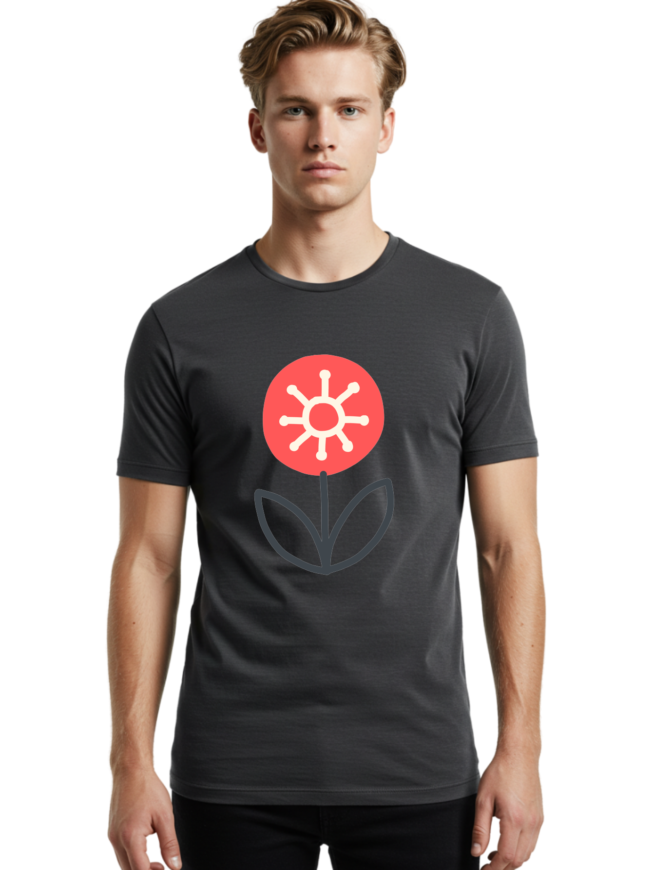 Sunflower-Icon Men'S Graphic Tee, 100% Cotton, Comfortable Casual Summer Wear, Machine Washable, Stylized Sunflower, Simple Flower Design, Abstract Sun Symbol, Red And White Colors, Minimalist Logo, Floral Icon, Modern Graphic Aab797