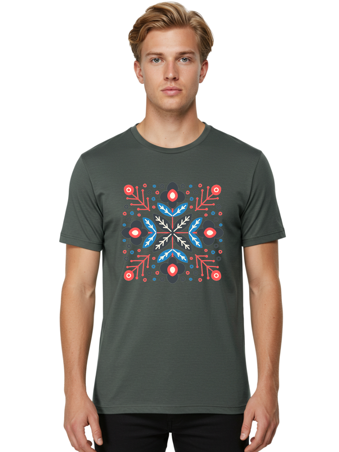 Symmetric-Floral-Pattern Men'S Graphic Tee, 100% Cotton, Comfortable Casual Summer Wear, Machine Washable, Floral Pattern, Geometric Shapes, Red Blue Black White, Abstract Design, Traditional Folk Art, Symmetry, Stylized Flowers, Aab798