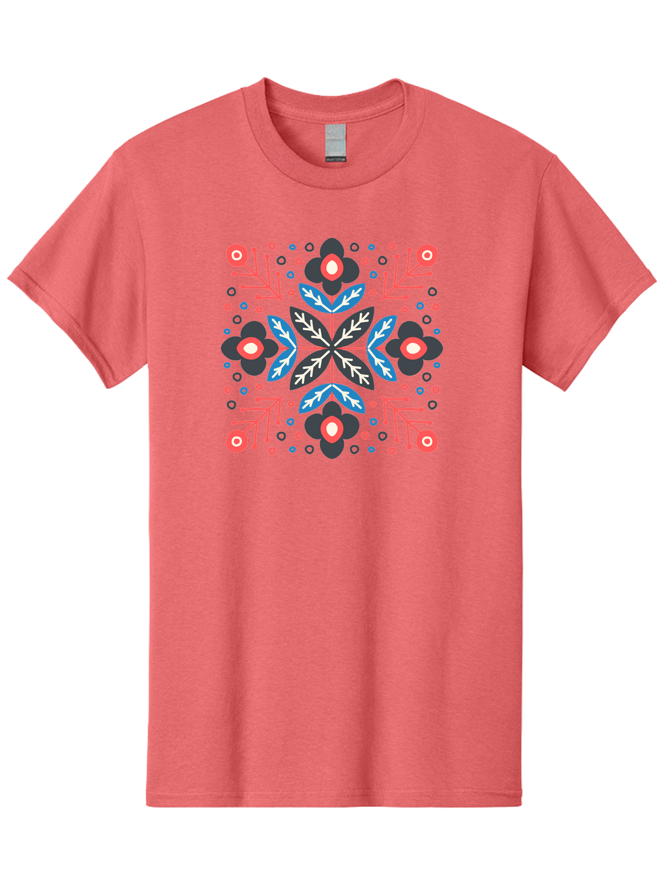 Symmetric-Floral-Pattern Men'S Graphic Tee, 100% Cotton, Comfortable Casual Summer Wear, Machine Washable, Floral Pattern, Geometric Shapes, Red Blue Black White, Abstract Design, Traditional Folk Art, Symmetry, Stylized Flowers, Aab798