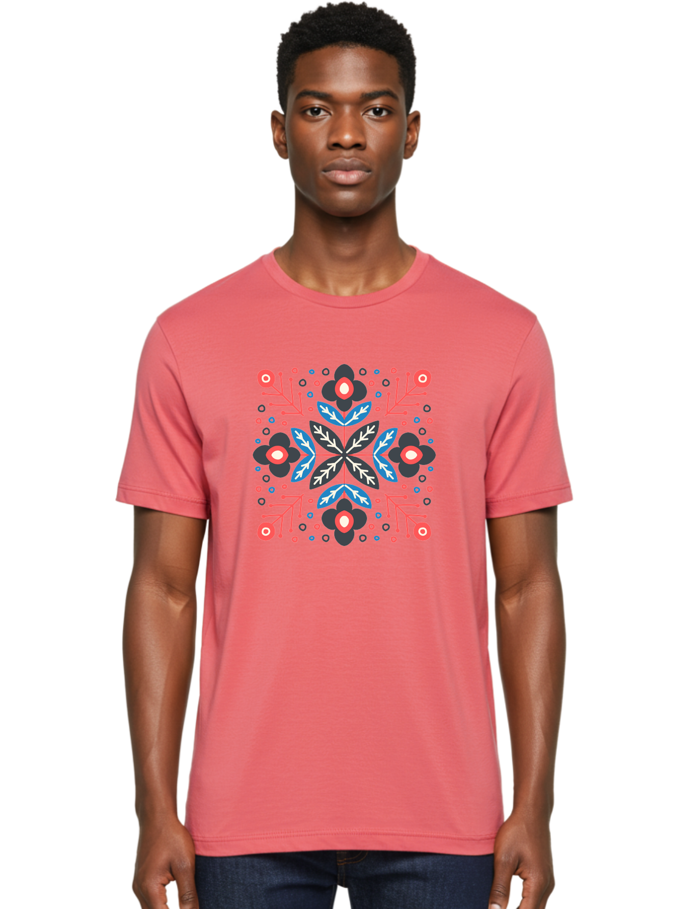 Symmetric-Floral-Pattern Men'S Graphic Tee, 100% Cotton, Comfortable Casual Summer Wear, Machine Washable, Floral Pattern, Geometric Shapes, Red Blue Black White, Abstract Design, Traditional Folk Art, Symmetry, Stylized Flowers, Aab798