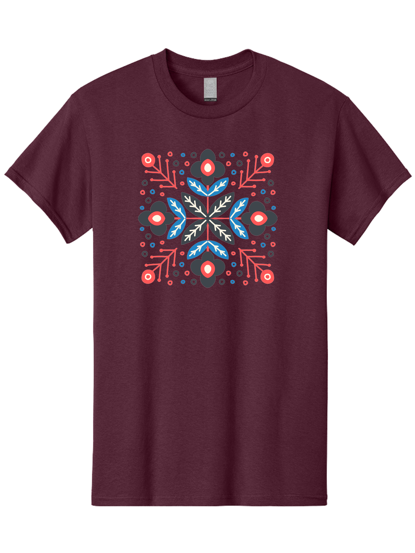 Symmetric-Floral-Pattern Men'S Graphic Tee, 100% Cotton, Comfortable Casual Summer Wear, Machine Washable, Floral Pattern, Geometric Shapes, Red Blue Black White, Abstract Design, Traditional Folk Art, Symmetry, Stylized Flowers, Aab798