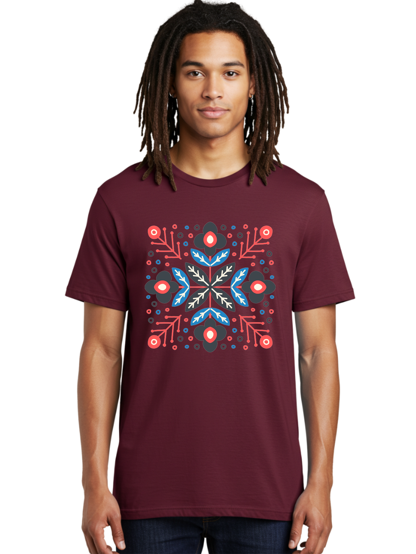 Symmetric-Floral-Pattern Men'S Graphic Tee, 100% Cotton, Comfortable Casual Summer Wear, Machine Washable, Floral Pattern, Geometric Shapes, Red Blue Black White, Abstract Design, Traditional Folk Art, Symmetry, Stylized Flowers, Aab798
