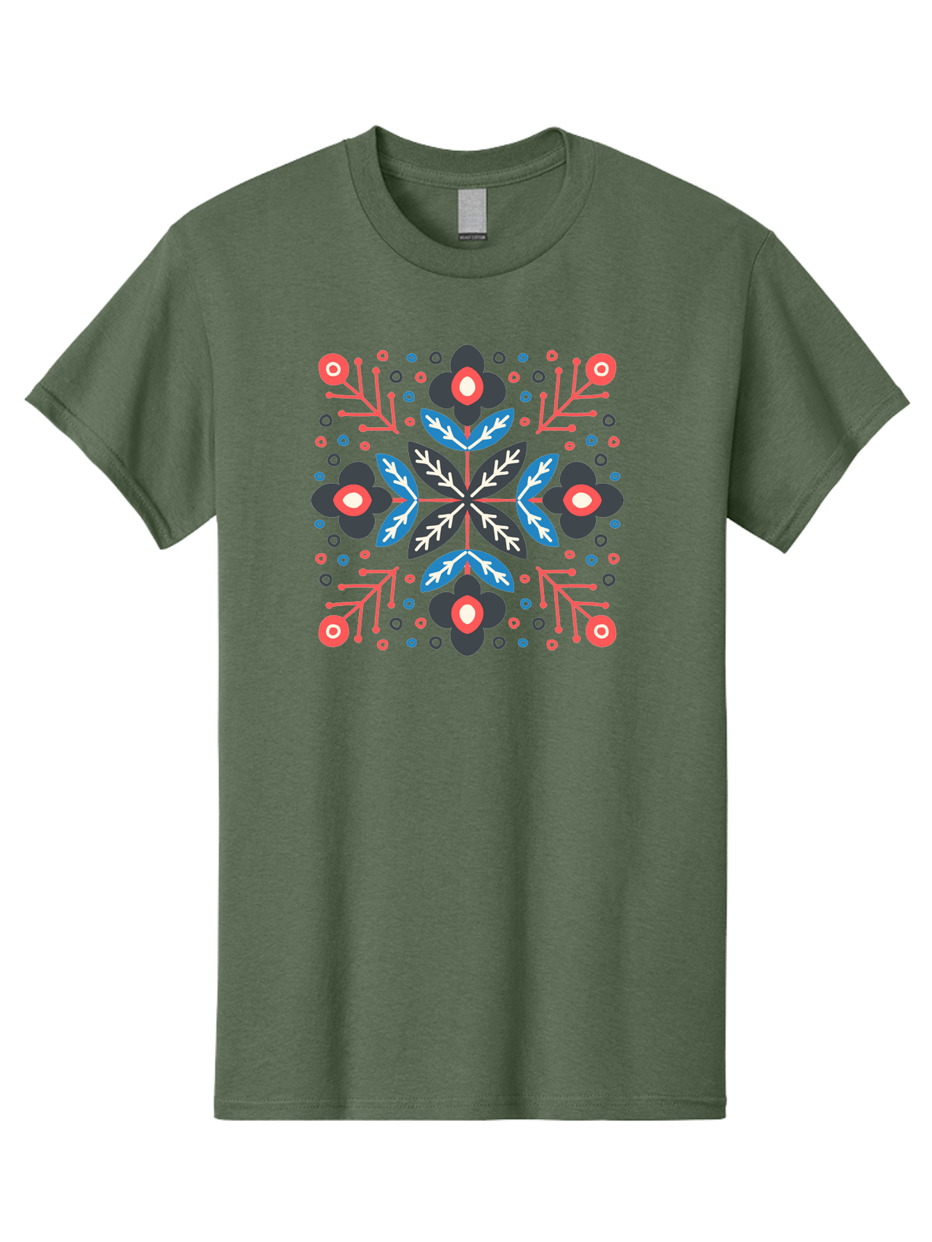 Symmetric-Floral-Pattern Men'S Graphic Tee, 100% Cotton, Comfortable Casual Summer Wear, Machine Washable, Floral Pattern, Geometric Shapes, Red Blue Black White, Abstract Design, Traditional Folk Art, Symmetry, Stylized Flowers, Aab798