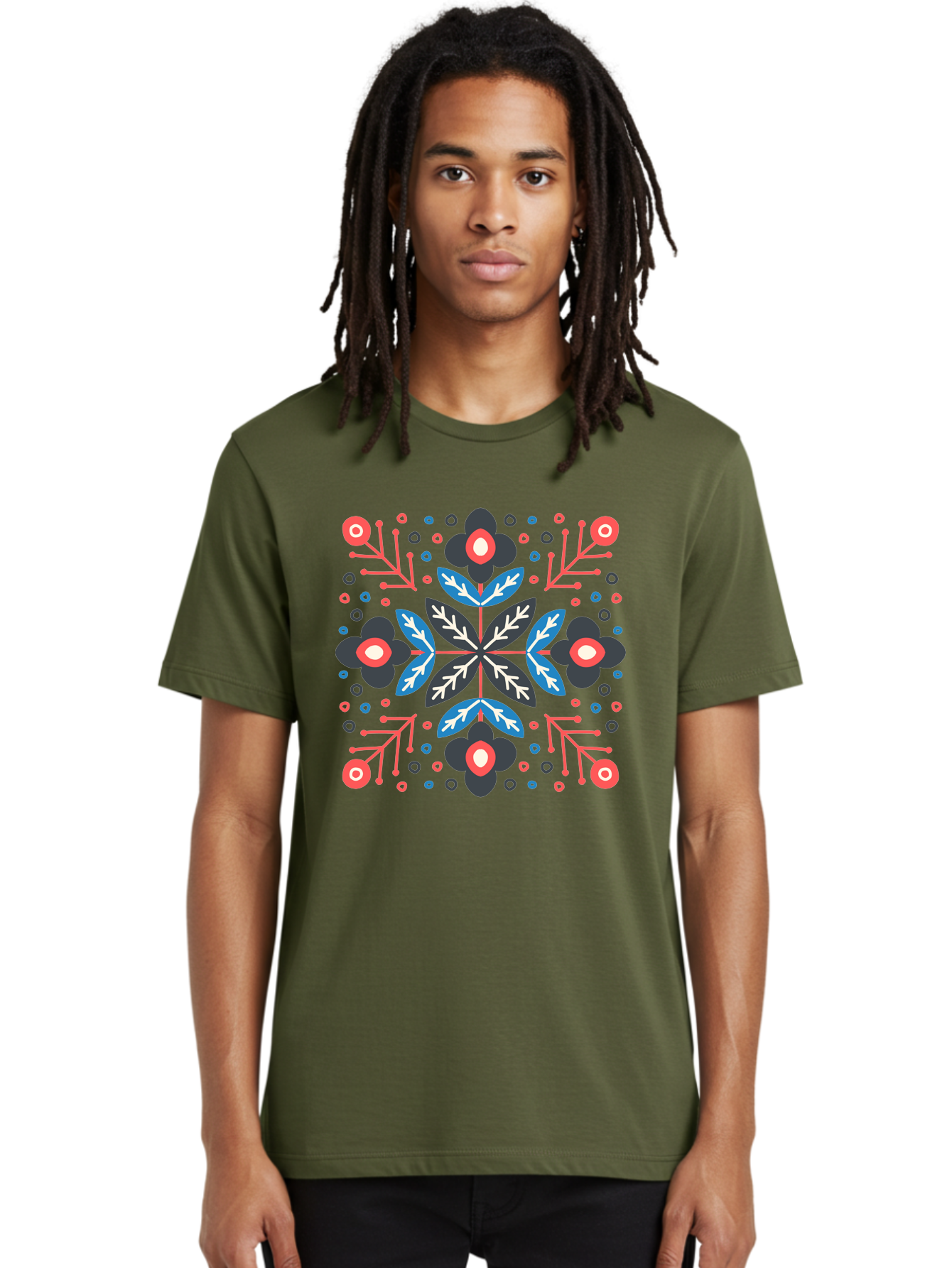 Symmetric-Floral-Pattern Men'S Graphic Tee, 100% Cotton, Comfortable Casual Summer Wear, Machine Washable, Floral Pattern, Geometric Shapes, Red Blue Black White, Abstract Design, Traditional Folk Art, Symmetry, Stylized Flowers, Aab798