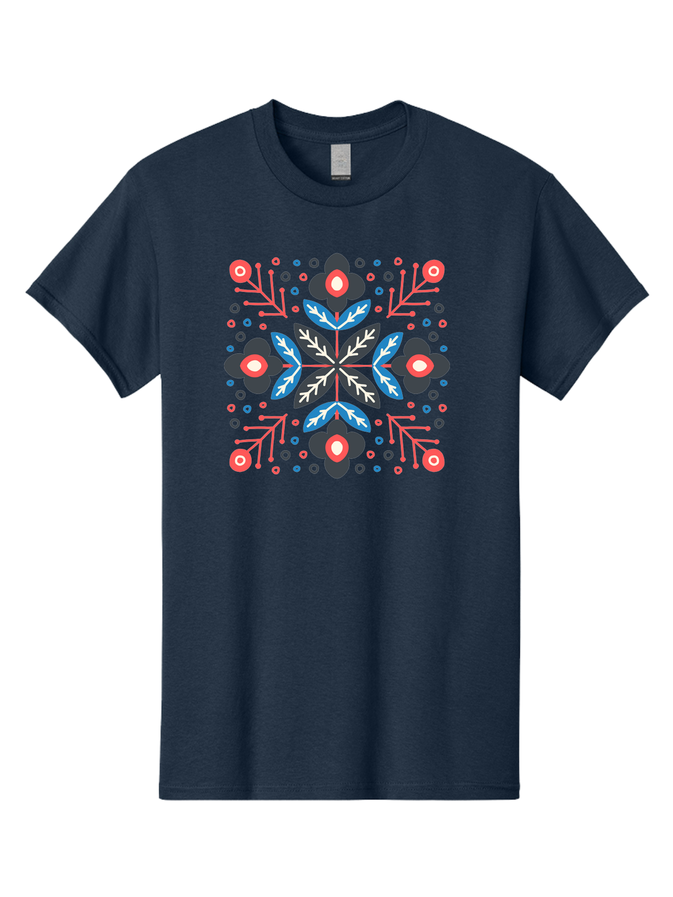 Symmetric-Floral-Pattern Men'S Graphic Tee, 100% Cotton, Comfortable Casual Summer Wear, Machine Washable, Floral Pattern, Geometric Shapes, Red Blue Black White, Abstract Design, Traditional Folk Art, Symmetry, Stylized Flowers, Aab798