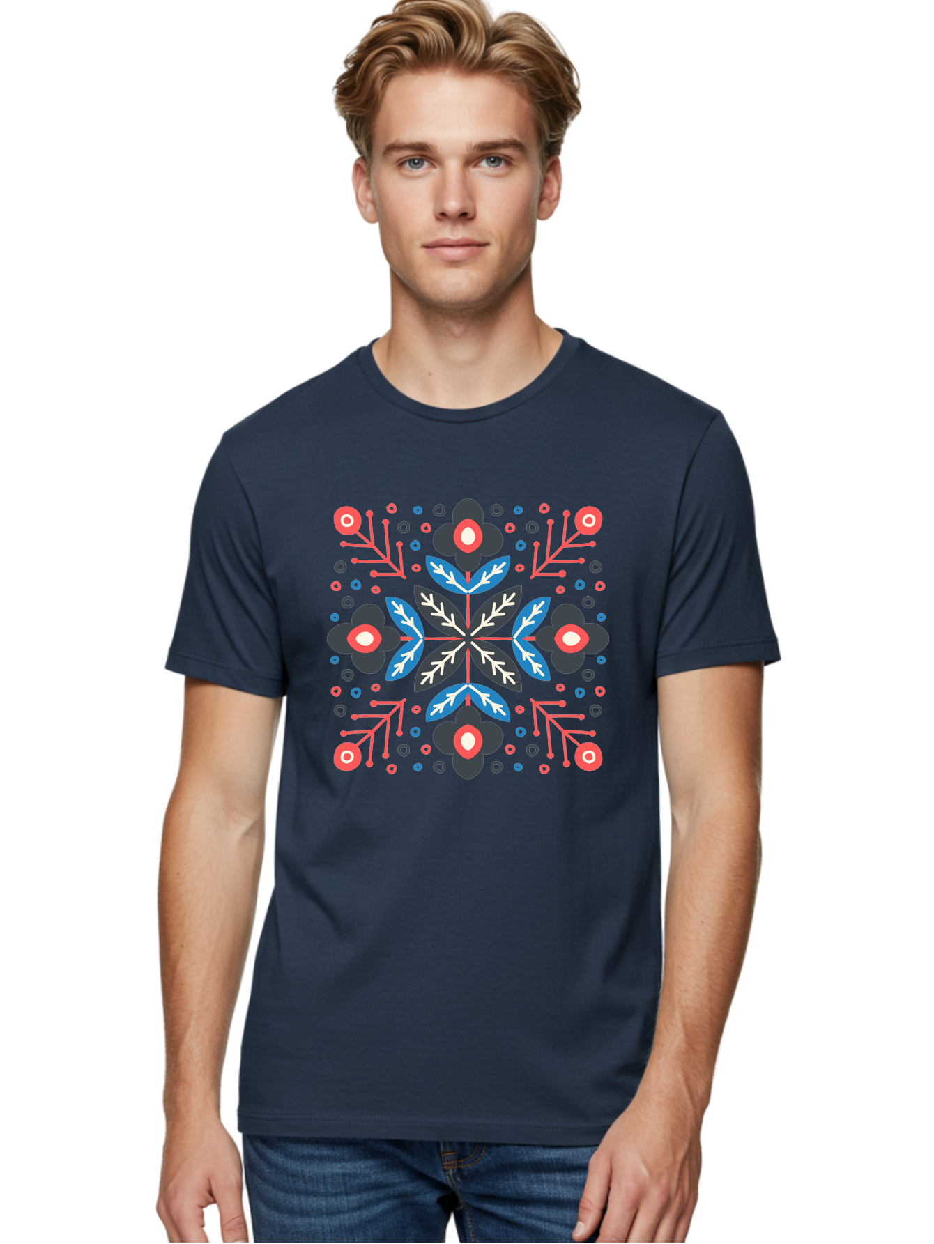 Symmetric-Floral-Pattern Men'S Graphic Tee, 100% Cotton, Comfortable Casual Summer Wear, Machine Washable, Floral Pattern, Geometric Shapes, Red Blue Black White, Abstract Design, Traditional Folk Art, Symmetry, Stylized Flowers, Aab798