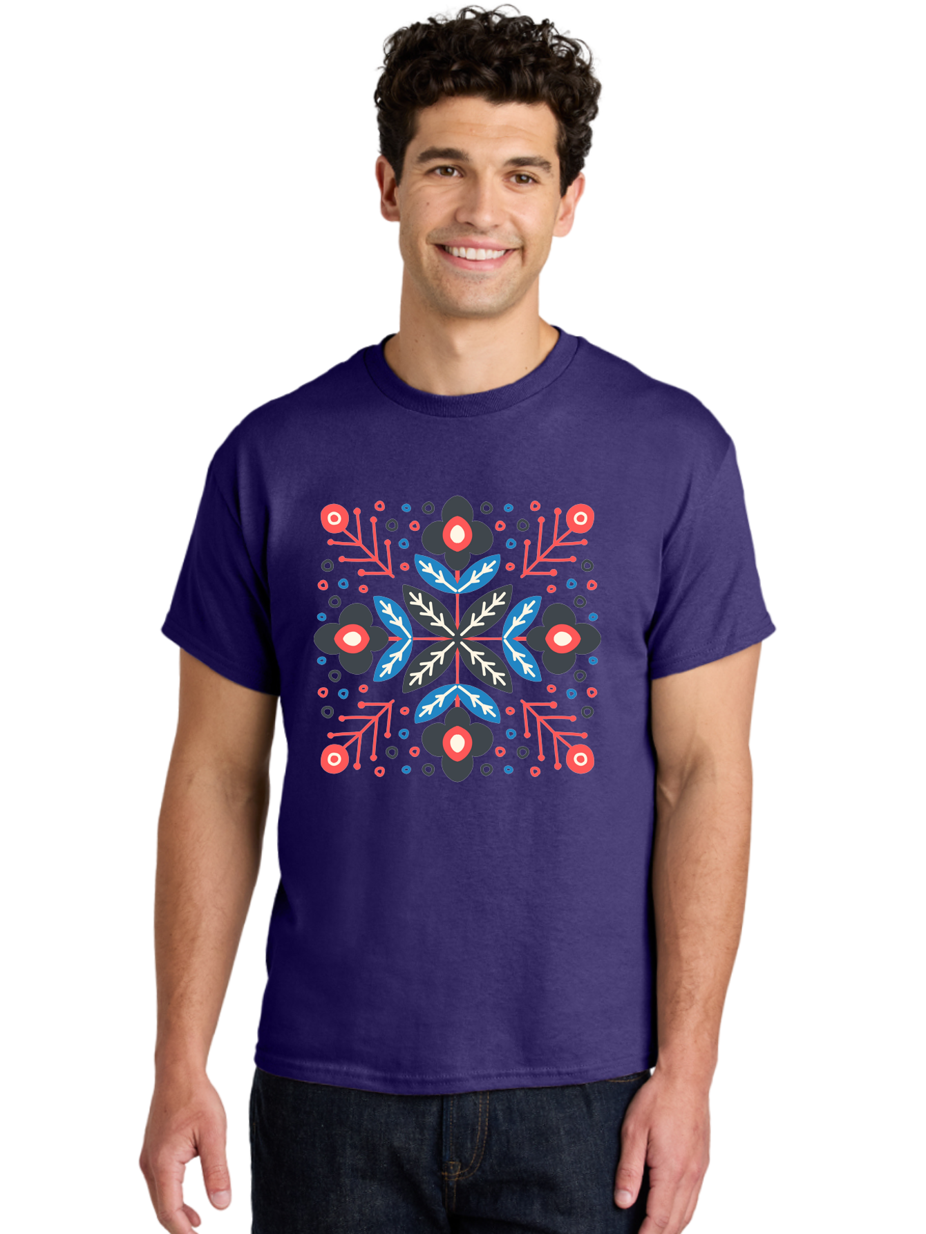Symmetric-Floral-Pattern Men'S Graphic Tee, 100% Cotton, Comfortable Casual Summer Wear, Machine Washable, Floral Pattern, Geometric Shapes, Red Blue Black White, Abstract Design, Traditional Folk Art, Symmetry, Stylized Flowers, Aab798