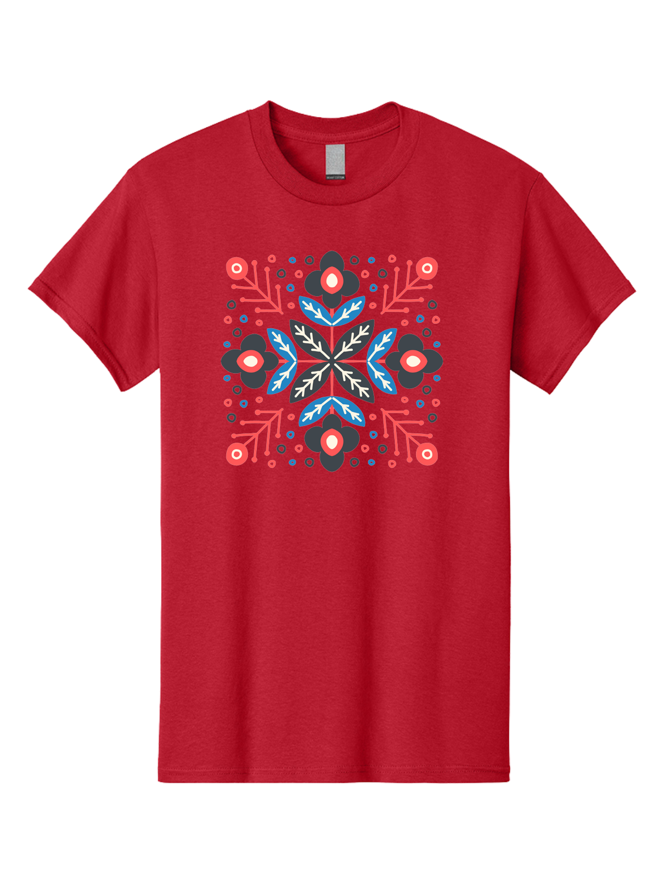 Symmetric-Floral-Pattern Men'S Graphic Tee, 100% Cotton, Comfortable Casual Summer Wear, Machine Washable, Floral Pattern, Geometric Shapes, Red Blue Black White, Abstract Design, Traditional Folk Art, Symmetry, Stylized Flowers, Aab798