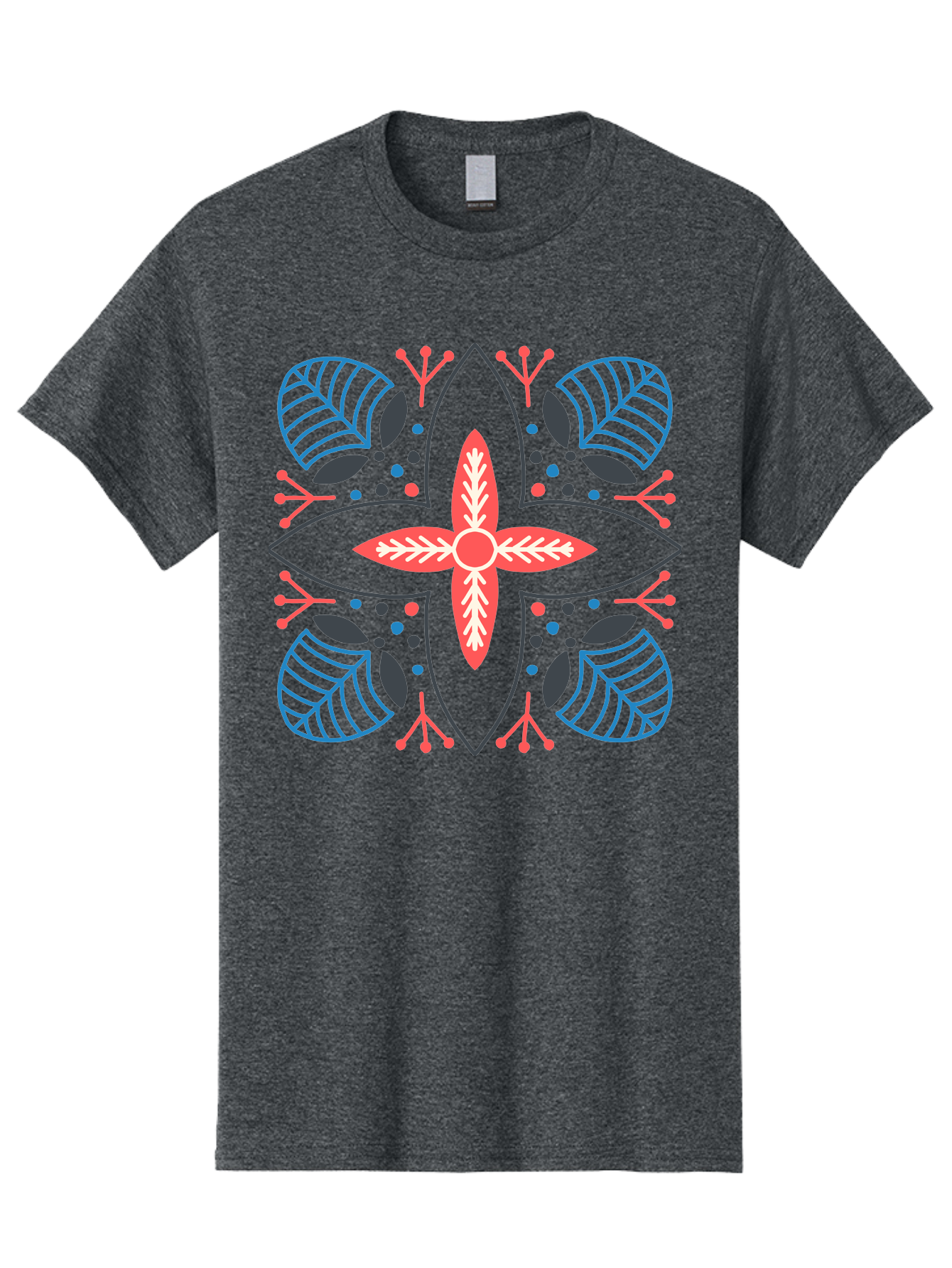 Symmetrical-Floral-Pattern Men'S Graphic Tee, 100% Cotton, Comfortable Casual Summer Wear, Machine Washable, Symmetrical Floral Design, Vibrant Red And Blue Hues, Stylized Leaves, Intricate Patterns, Geometric Shapes, Abstract Art, Aab800