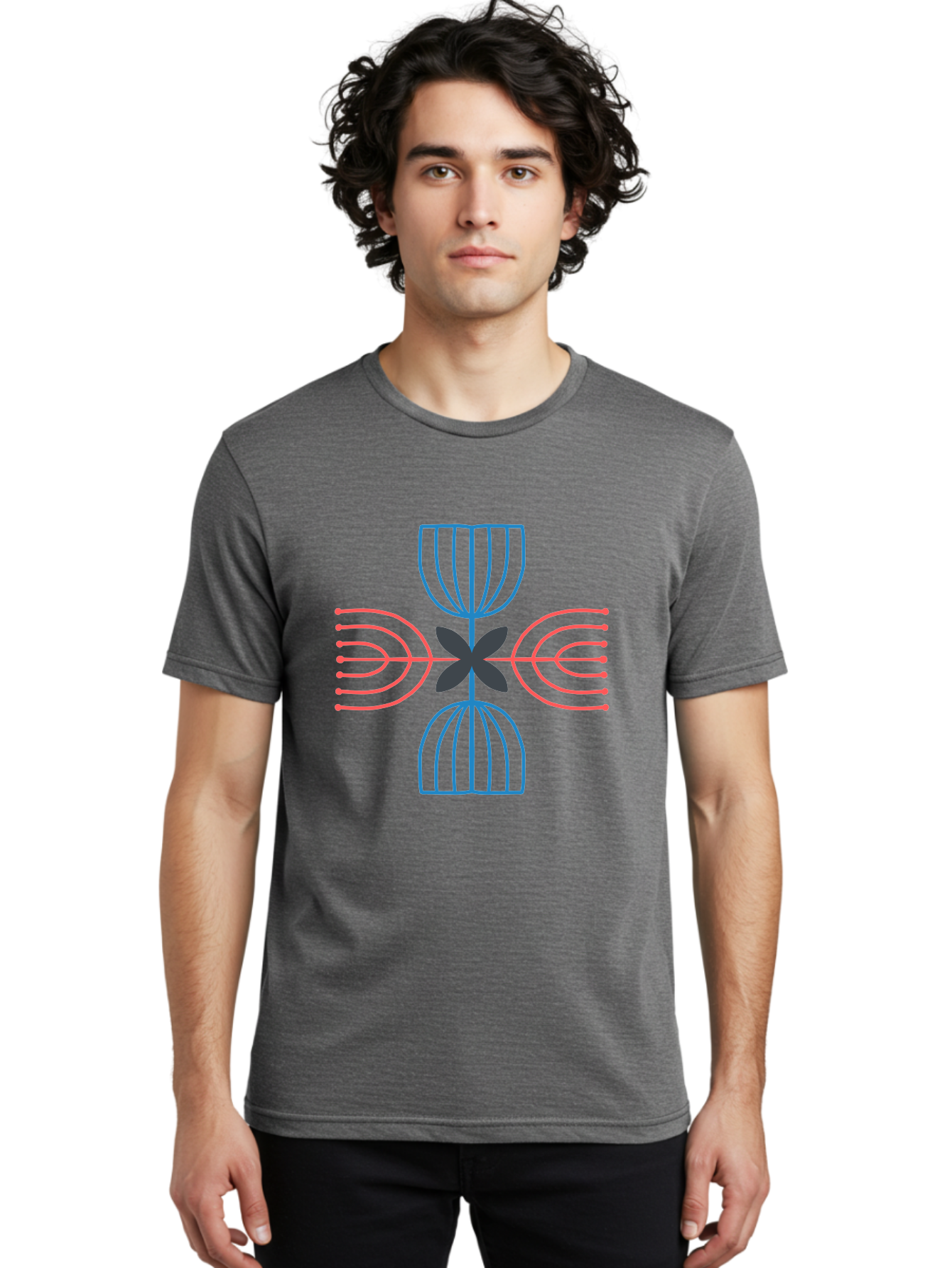 Symmetrical-Logo-Design Men'S Graphic Tee, 100% Cotton, Comfortable Casual Summer Wear, Machine Washable, Symmetrical Design, Geometric Shapes, Abstract Art, Floral Motif, Pink And Blue Lines, Black Flower, Modern Graphics, Aab801