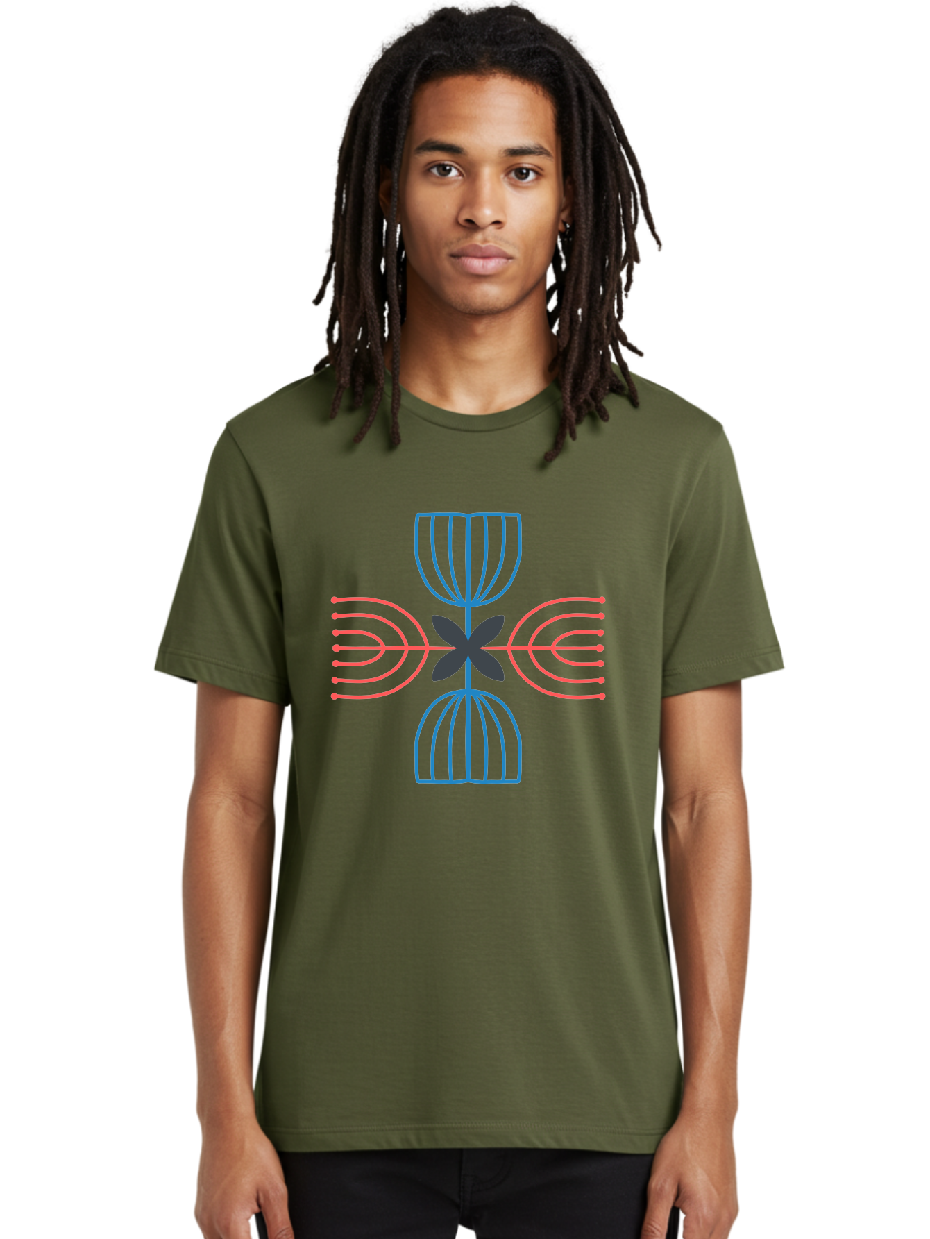 Symmetrical-Logo-Design Men'S Graphic Tee, 100% Cotton, Comfortable Casual Summer Wear, Machine Washable, Symmetrical Design, Geometric Shapes, Abstract Art, Floral Motif, Pink And Blue Lines, Black Flower, Modern Graphics, Aab801