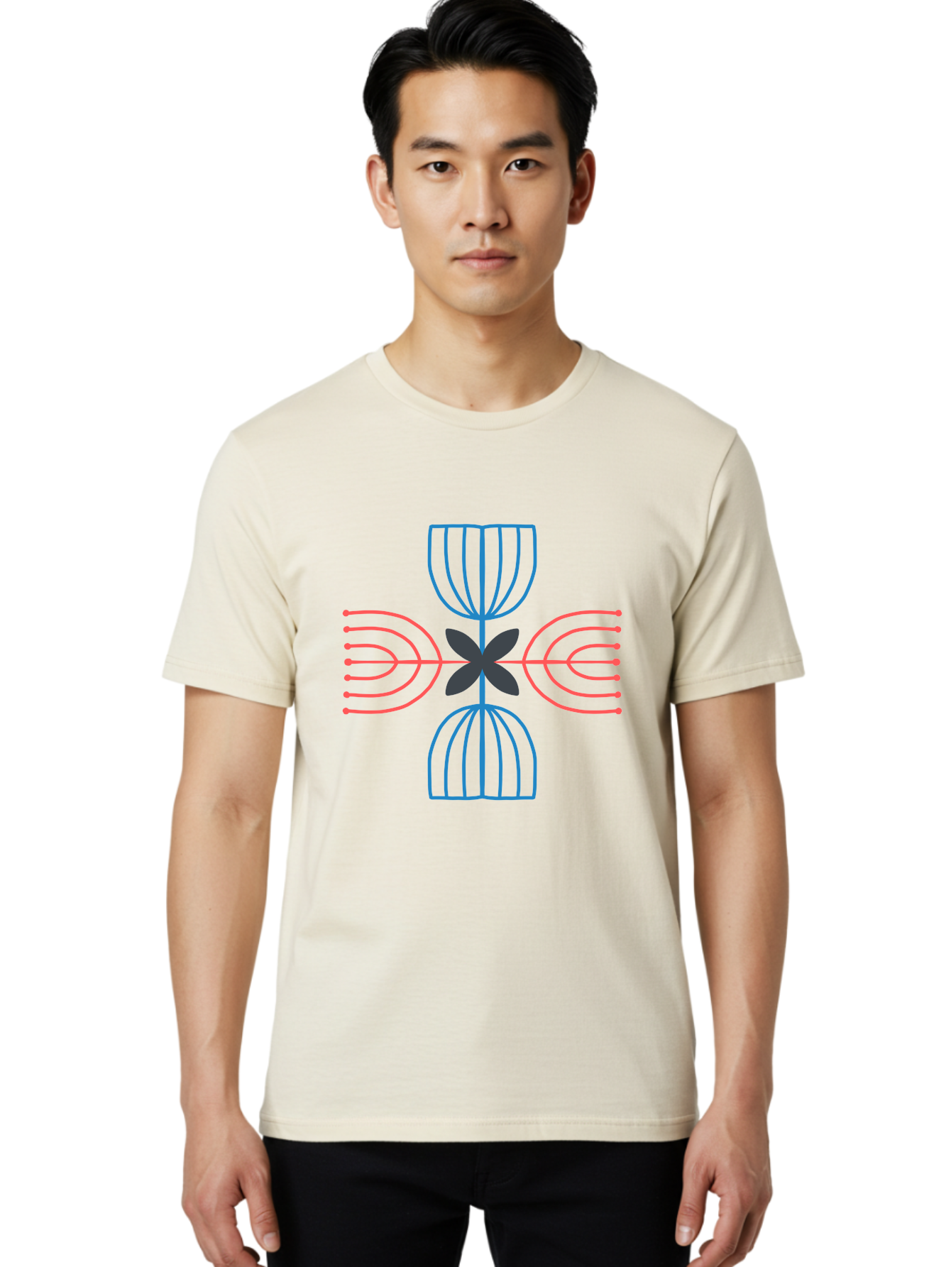 Symmetrical-Logo-Design Men'S Graphic Tee, 100% Cotton, Comfortable Casual Summer Wear, Machine Washable, Symmetrical Design, Geometric Shapes, Abstract Art, Floral Motif, Pink And Blue Lines, Black Flower, Modern Graphics, Aab801