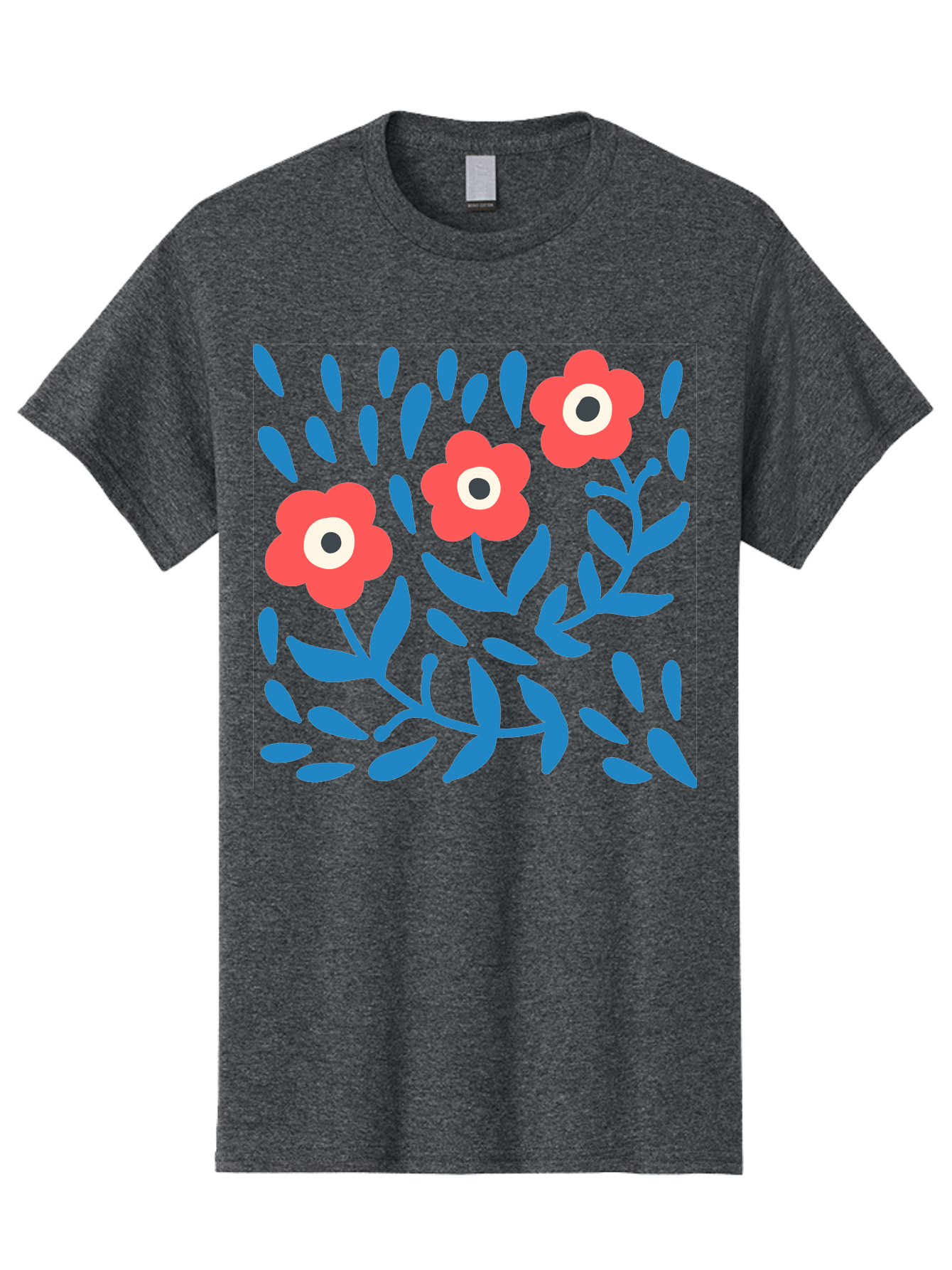 Three-Red-Flowers-1 Men'S Graphic Tee, 100% Cotton, Comfortable Casual Summer Wear, Machine Washable, Red Flowers, Blue Leaves, Floral Pattern, Abstract Design, Vibrant Colors, Whimsical Art, Playful Graphics, Folk Art Style Aab803