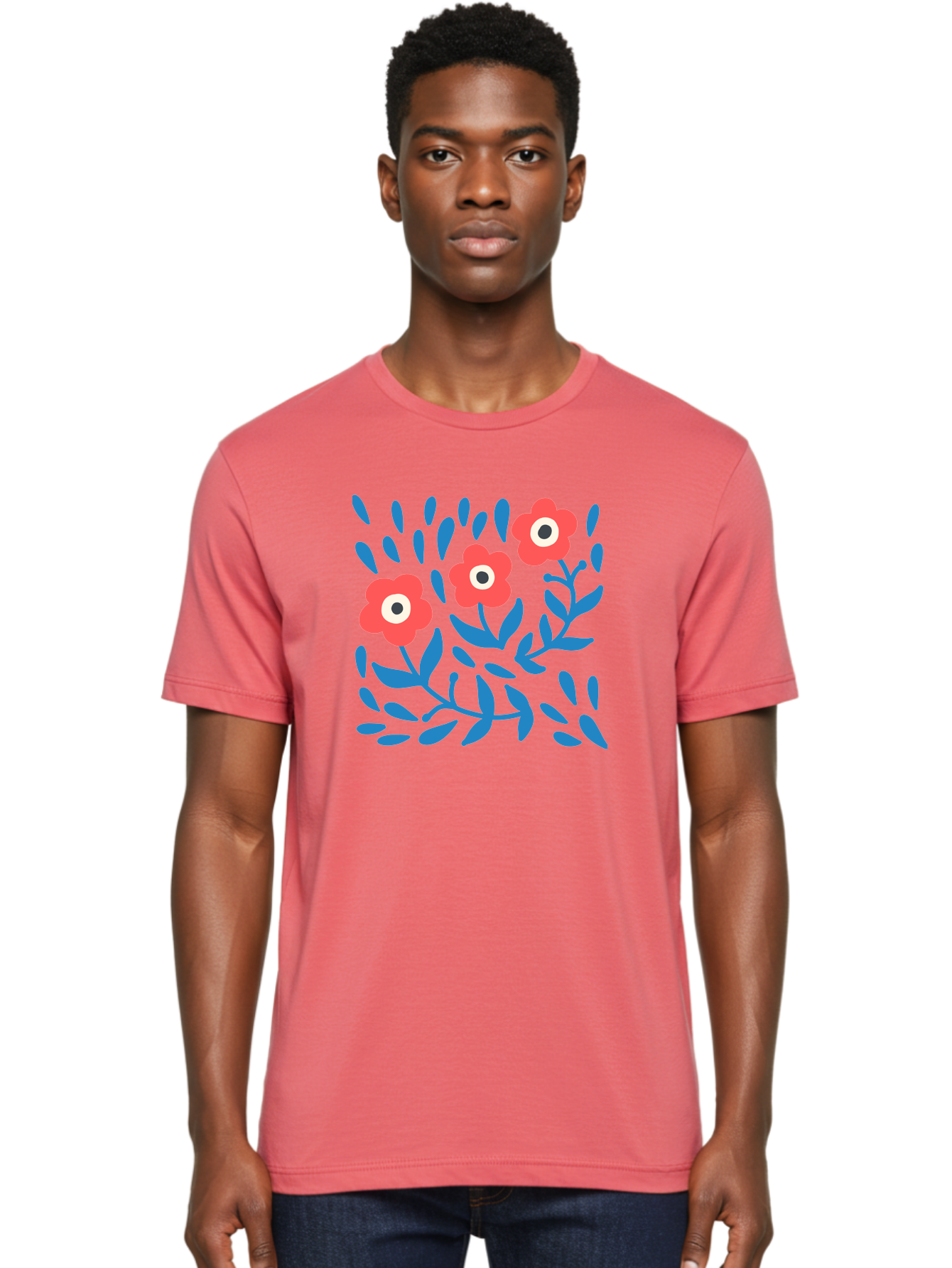 Three-Red-Flowers Men'S Graphic Tee, 100% Cotton, Comfortable Casual Summer Wear, Machine Washable, Red Flowers, Blue Leaves, Floral Pattern, Abstract Design, Minimalist Art, Vibrant Colors, Playful Style, Whimsical Illustration, Spring Theme, Aab804
