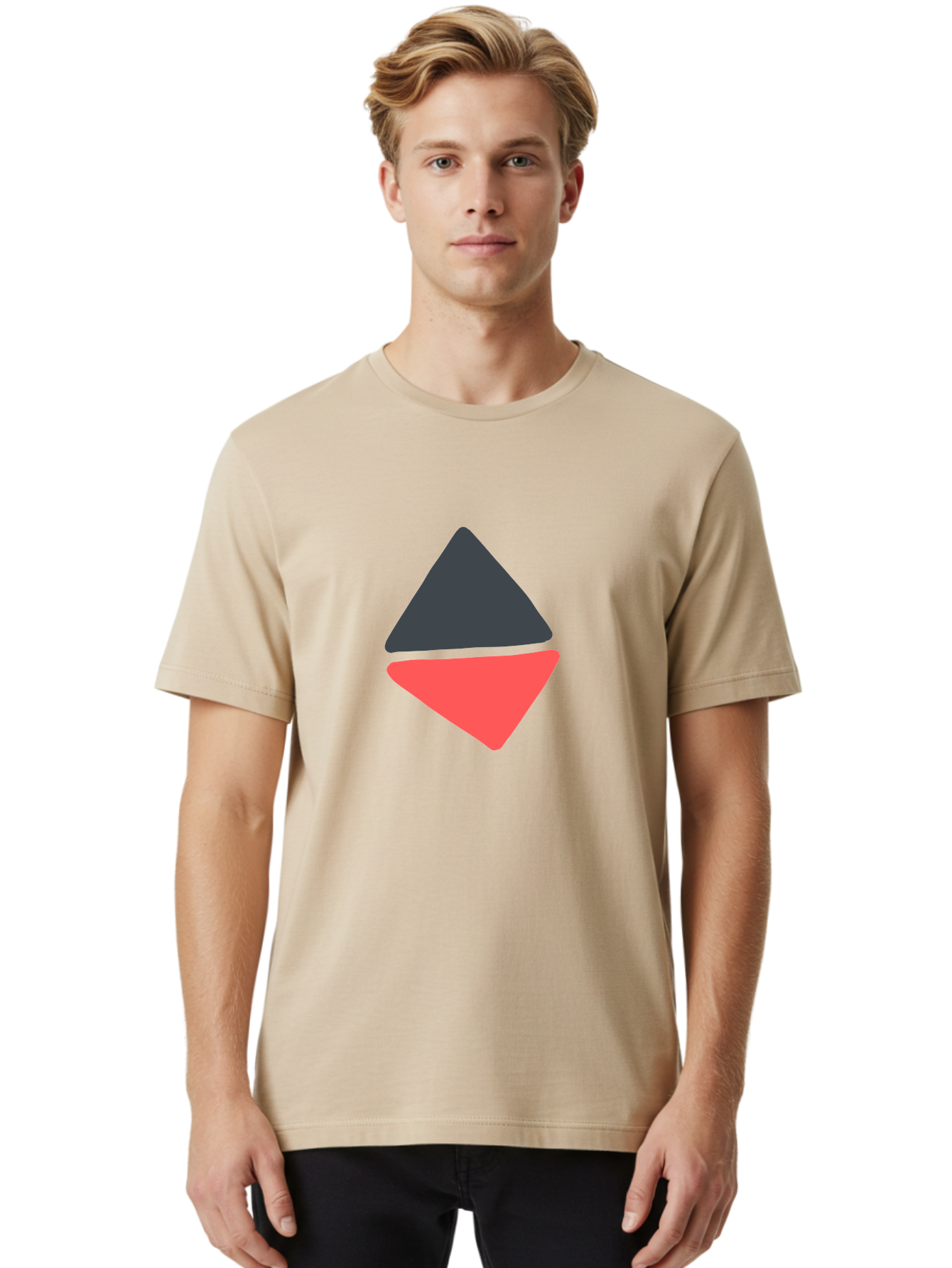 Triangles Men'S Graphic Tee, 100% Cotton, Comfortable Casual Summer Wear, Machine Washable, Geometric Shapes, Triangle Design, Overlapping Forms, Black And Red Colors, Simple Graphics, Abstract Art, Minimalist Style Aab807