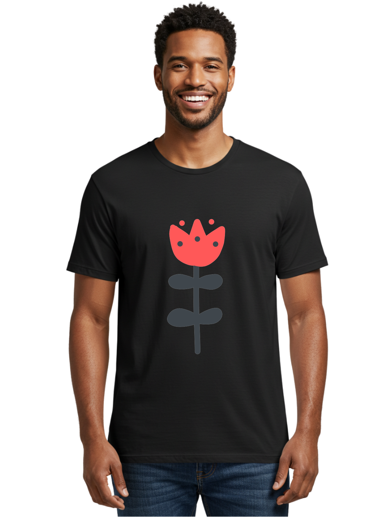 Tulip-1 Men'S Graphic Tee, 100% Cotton, Comfortable Casual Summer Wear, Machine Washable, Stylized Tulip, Cartoon Flower, Simple Design, Minimalist Art, Floral Illustration, Red Petals, Black Leaves, Cute Graphics, Modern Iconography, Aab808