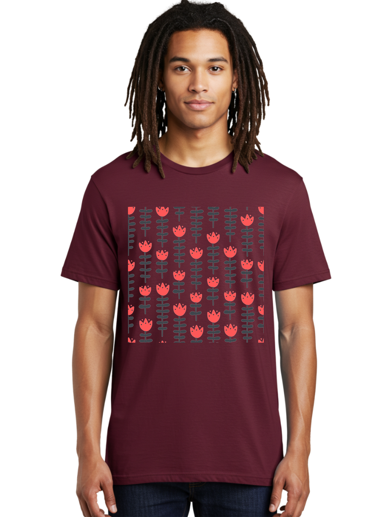 Tulip-Pattern-1 Men'S Graphic Tee, 100% Cotton, Comfortable Casual Summer Wear, Machine Washable, Tulip Pattern, Red Tulips, Black Stems, Floral Design, Repeating Pattern, Minimalist Style, Botanical Print, Wallpaper, Textile Design, Aab810