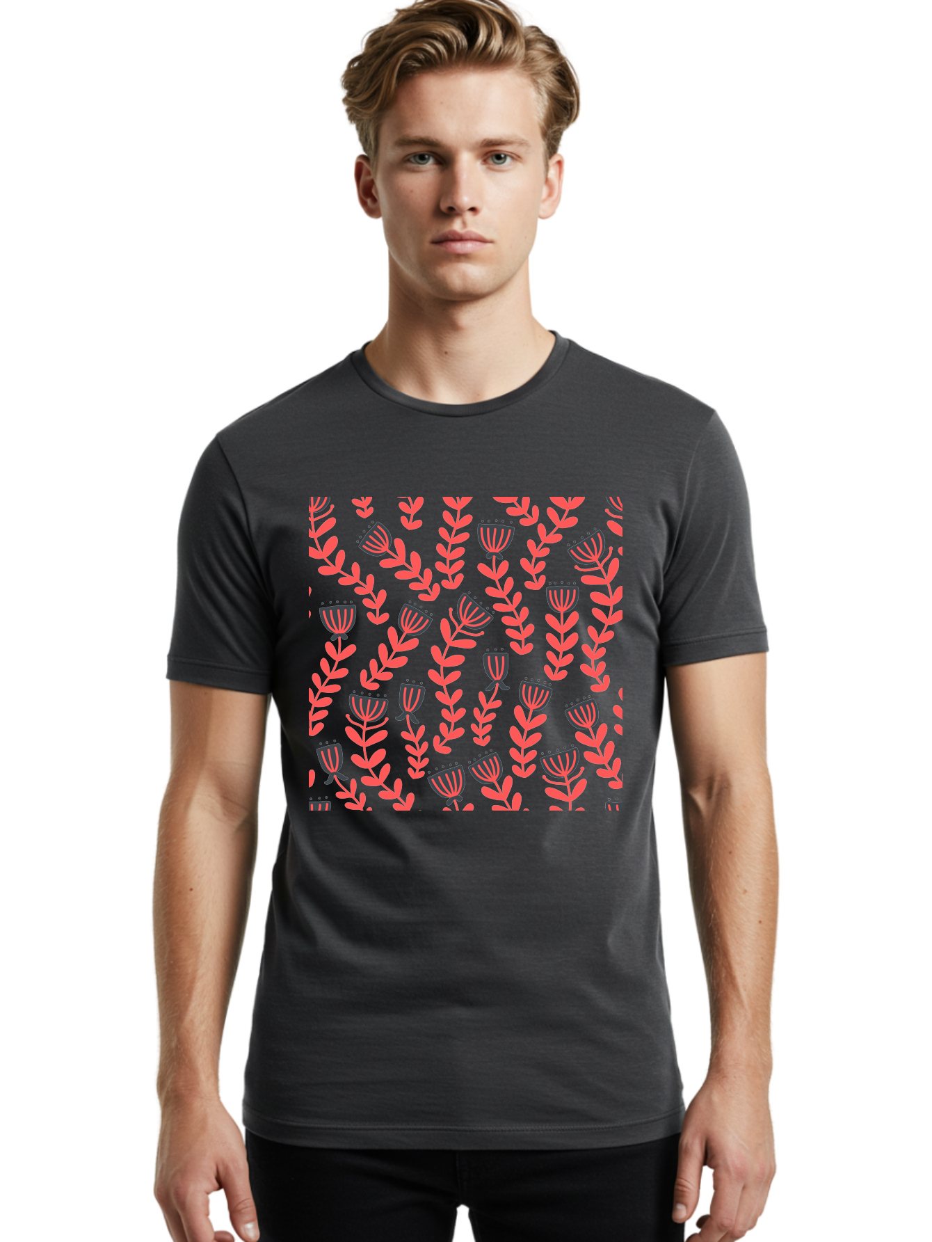 Tulip-Pattern Men'S Graphic Tee, 100% Cotton, Comfortable Casual Summer Wear, Machine Washable, Repeating Pattern, Pink Flowers, Leaves, Floral Design, Abstract Shapes, Vibrant Colors, Striped Patterns, Whimsical Art Aab811