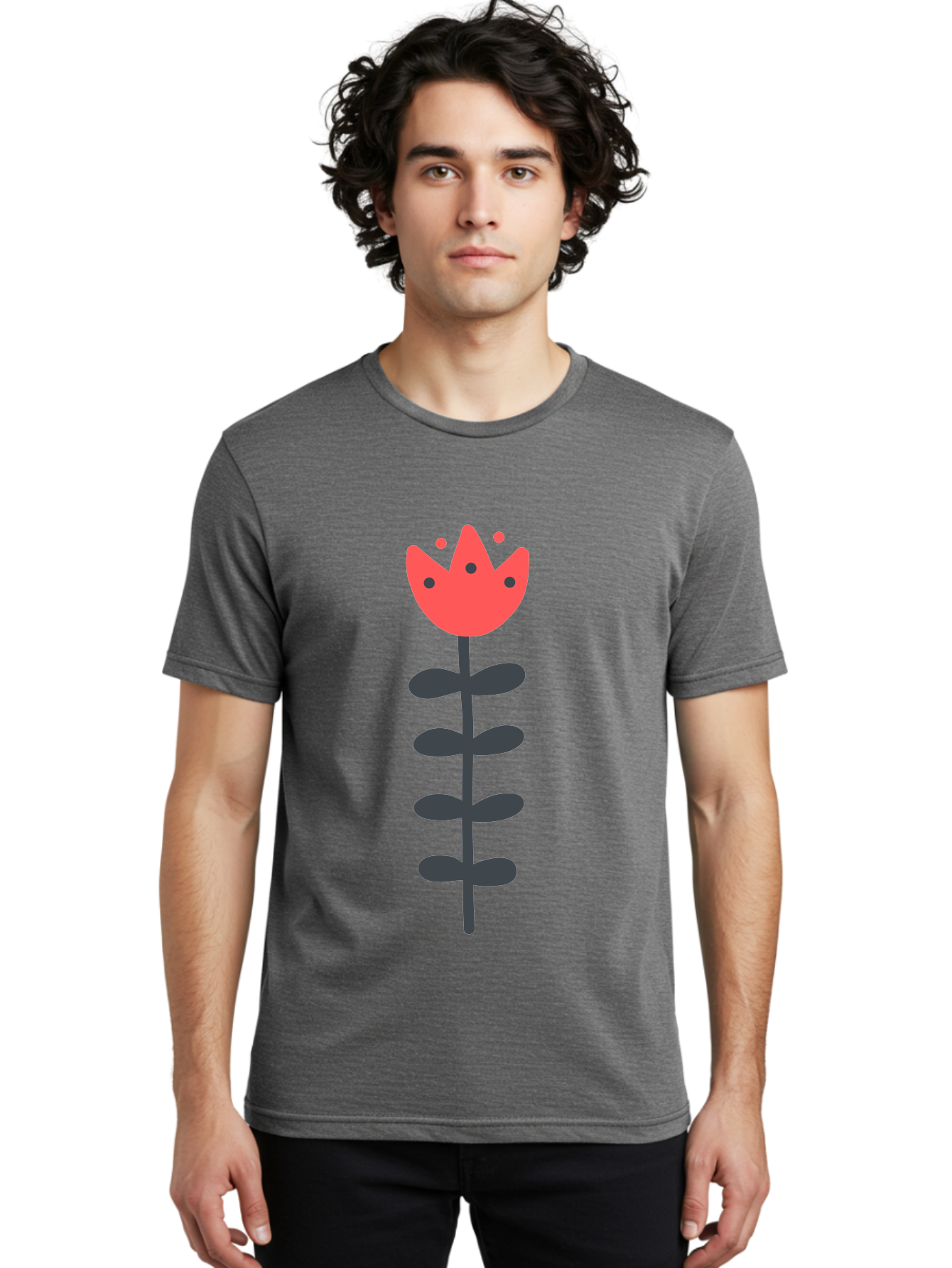Tulip Men'S Graphic Tee, 100% Cotton, Comfortable Casual Summer Wear, Machine Washable, Red Tulip, Simple Flower, Minimalist Design, Floral Illustration, Cute Cartoon Flower, Vibrant Red Petals, Simple Stem, Black Leaves Aab812
