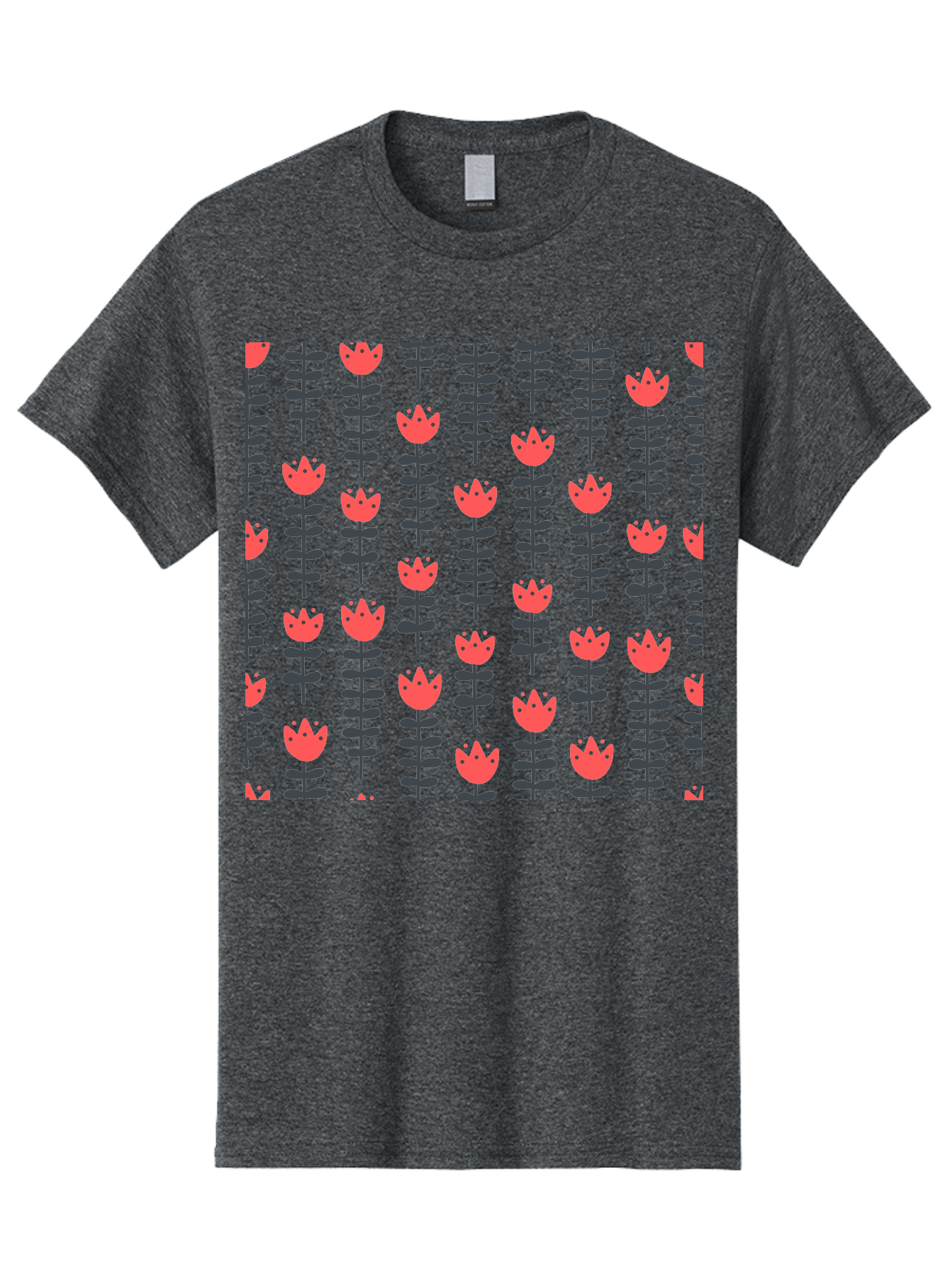 Tulips-Pattern Men'S Graphic Tee, 100% Cotton, Comfortable Casual Summer Wear, Machine Washable, Red Flowers, Green Stems, Floral Design, Repeating Pattern, Cartoon Style, Simple Shapes, Whimsical Art, Playful Graphics, Minimalist Decor Aab813